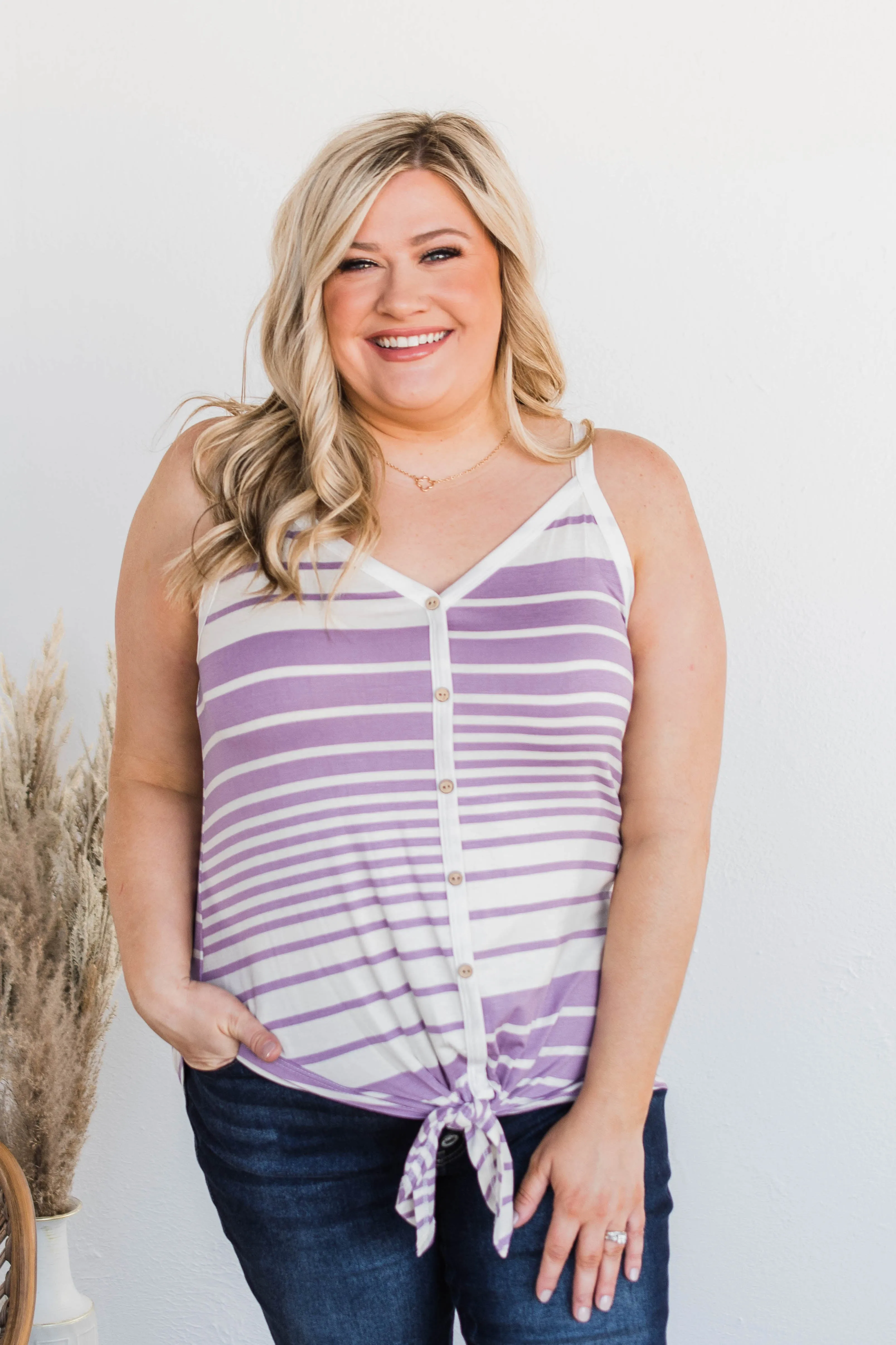 Love The Beach Stripe Tank- Purple & Ivory