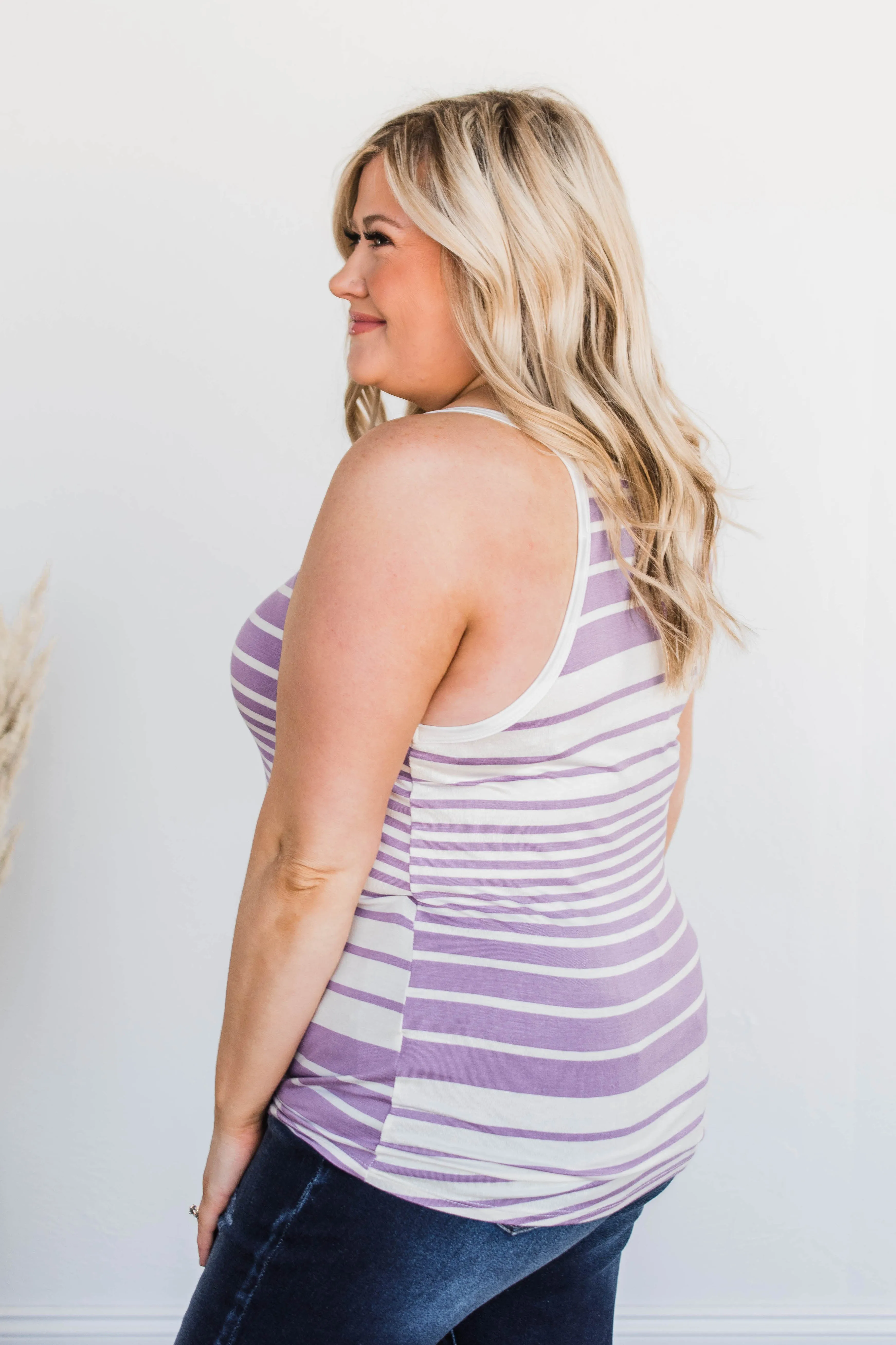 Love The Beach Stripe Tank- Purple & Ivory