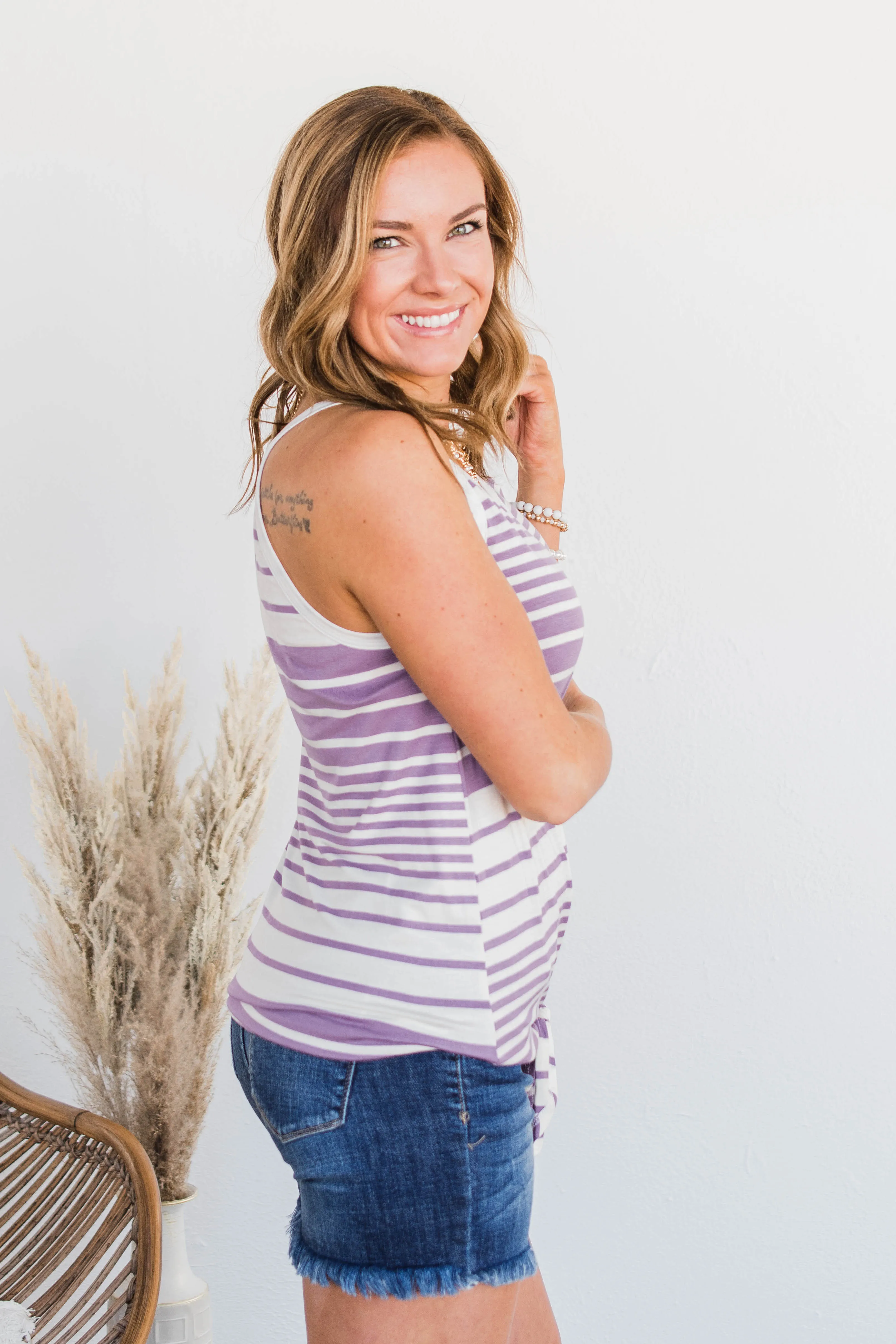 Love The Beach Stripe Tank- Purple & Ivory