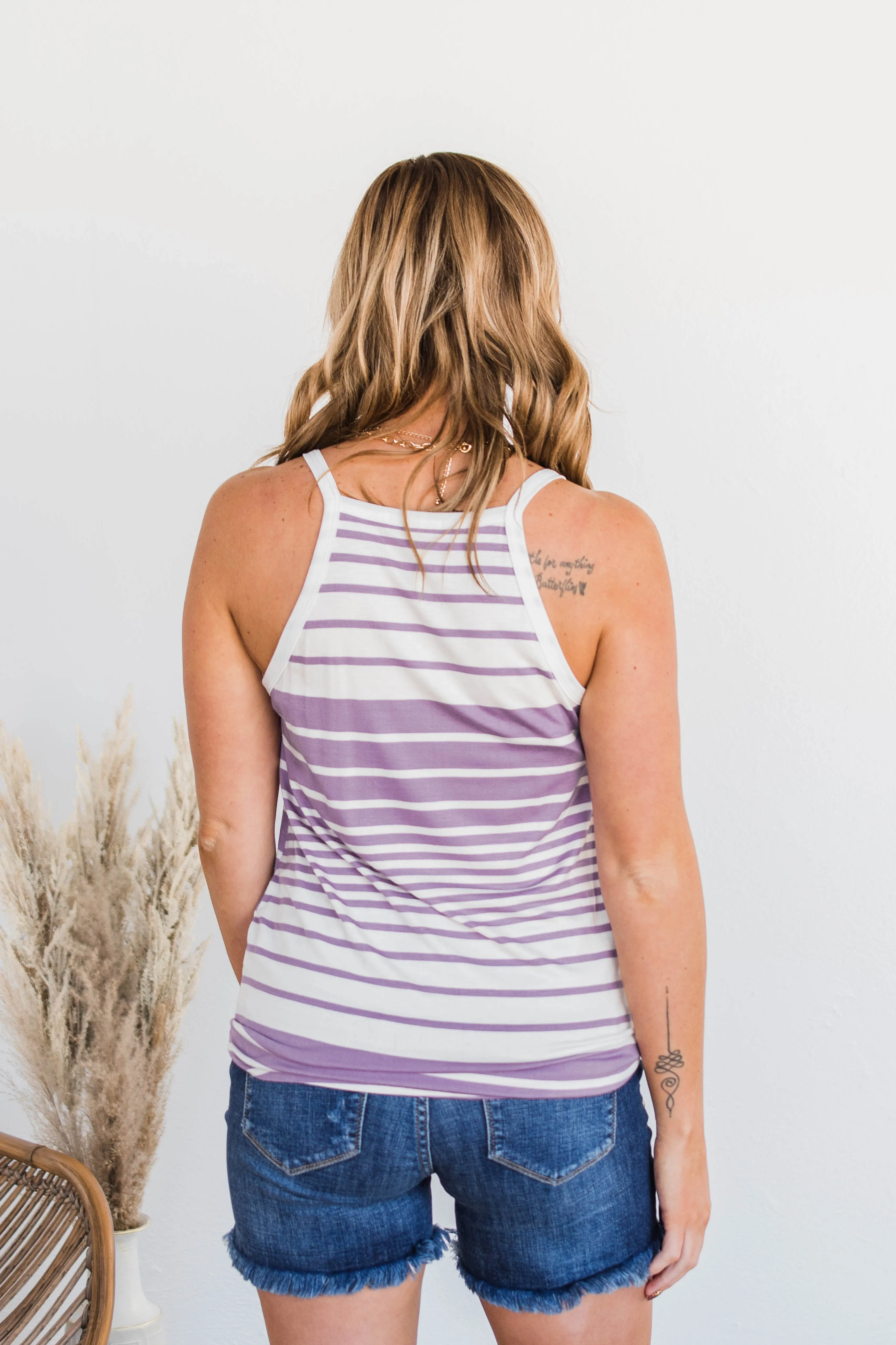 Love The Beach Stripe Tank- Purple & Ivory