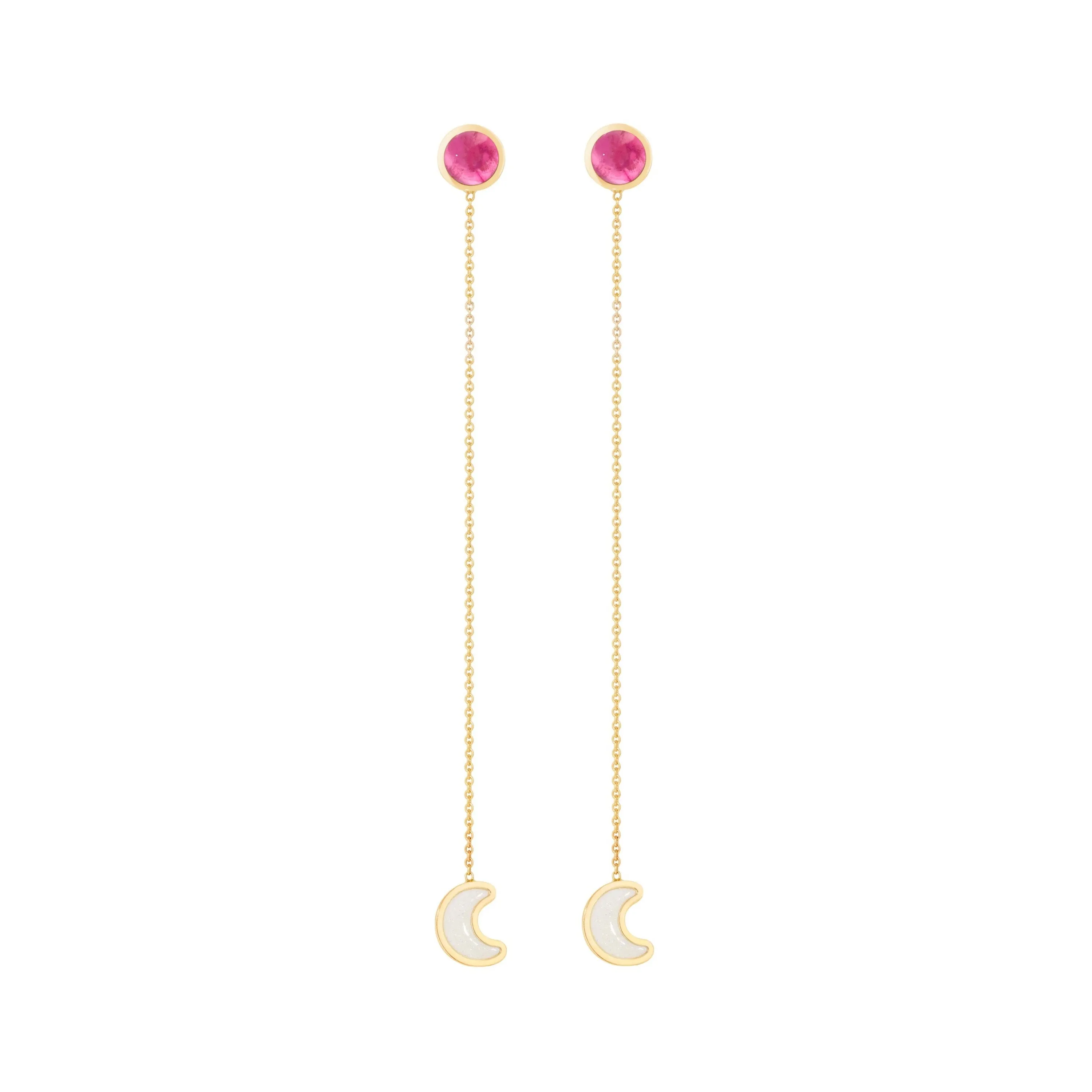 Luna sticker chain earrings yellow gold with enamel and pink tourmaline