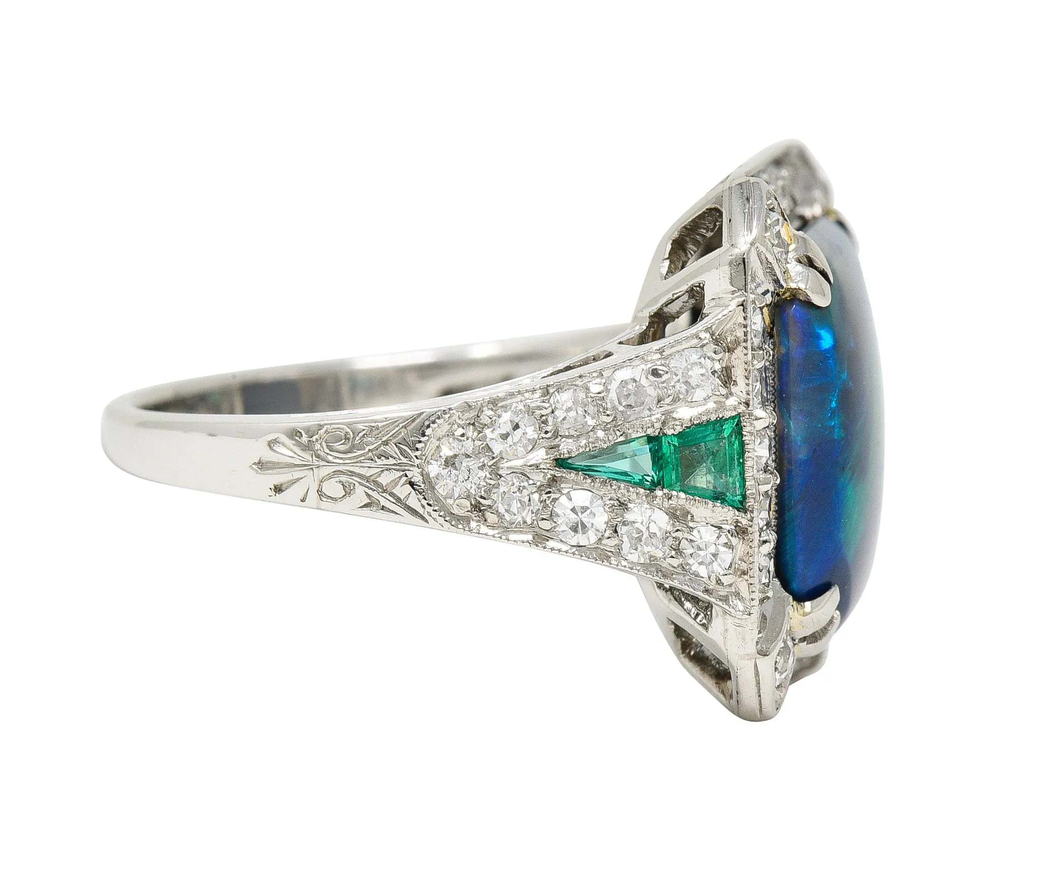 Marcus & Co. Art Deco Octagonal Black Opal Emerald Diamond Platinum Foliate Halo Vintage Ring GIA