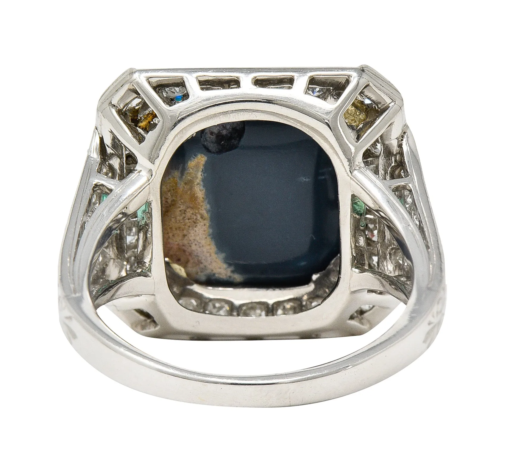 Marcus & Co. Art Deco Octagonal Black Opal Emerald Diamond Platinum Foliate Halo Vintage Ring GIA