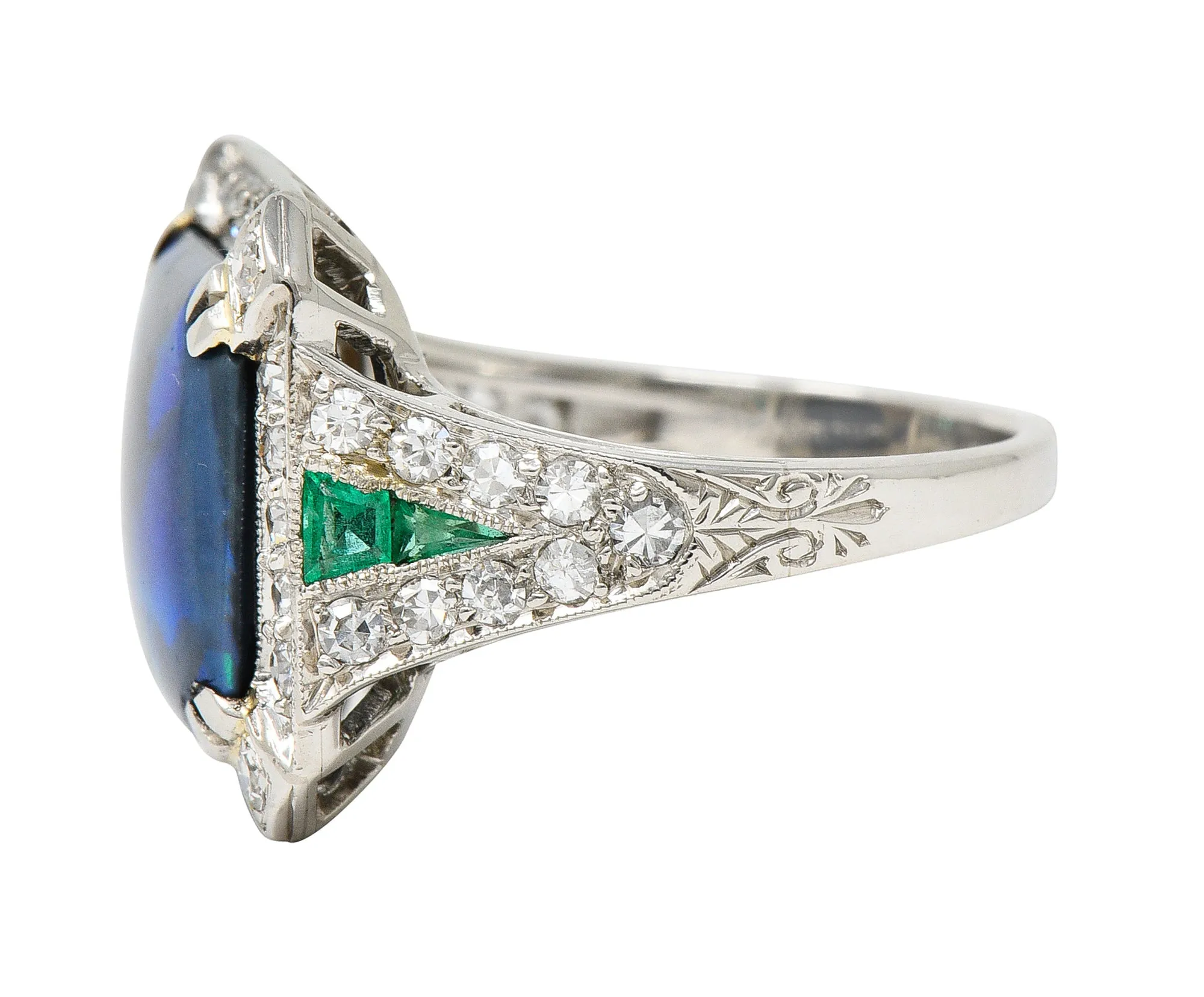 Marcus & Co. Art Deco Octagonal Black Opal Emerald Diamond Platinum Foliate Halo Vintage Ring GIA