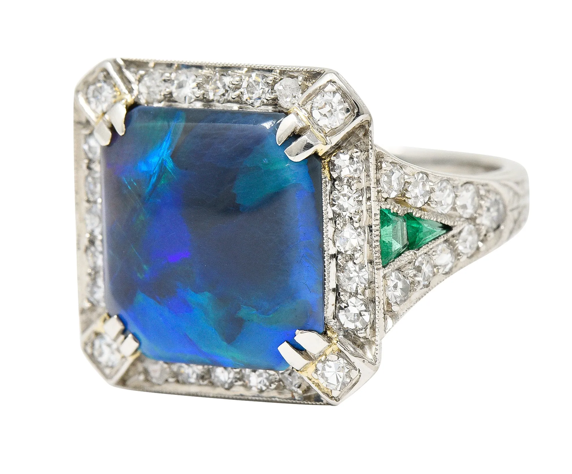 Marcus & Co. Art Deco Octagonal Black Opal Emerald Diamond Platinum Foliate Halo Vintage Ring GIA