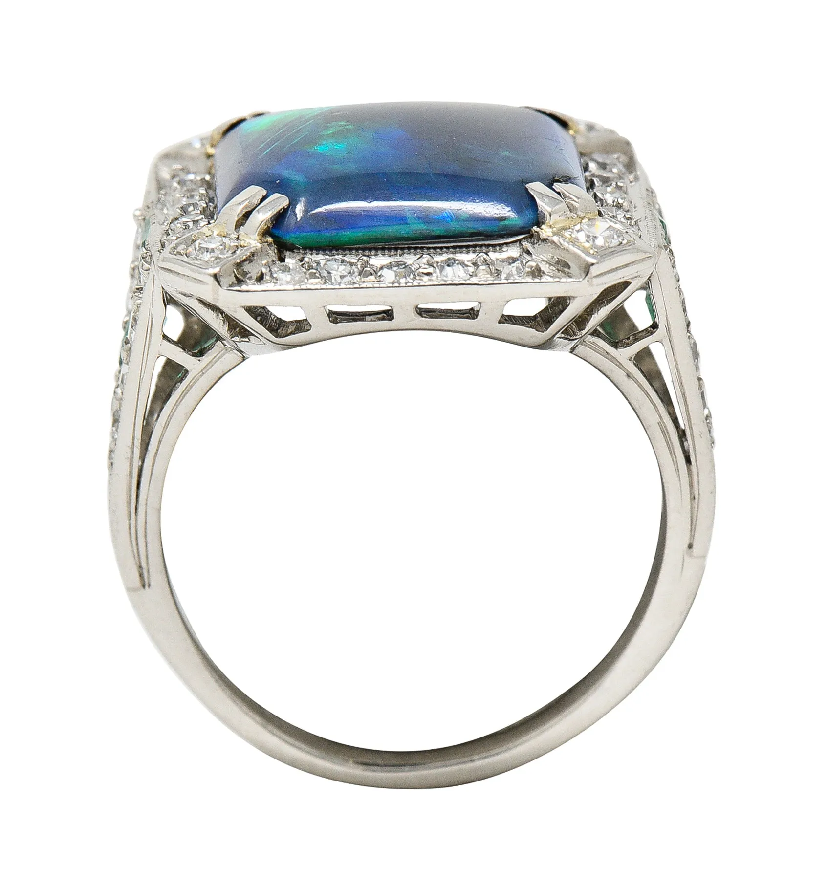 Marcus & Co. Art Deco Octagonal Black Opal Emerald Diamond Platinum Foliate Halo Vintage Ring GIA