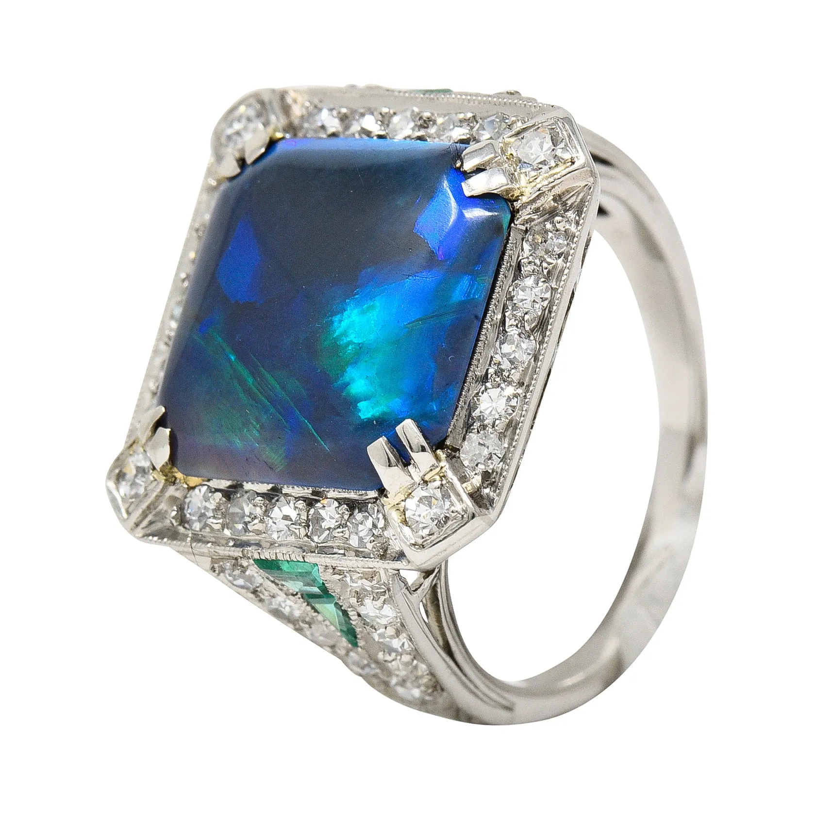 Marcus & Co. Art Deco Octagonal Black Opal Emerald Diamond Platinum Foliate Halo Vintage Ring GIA