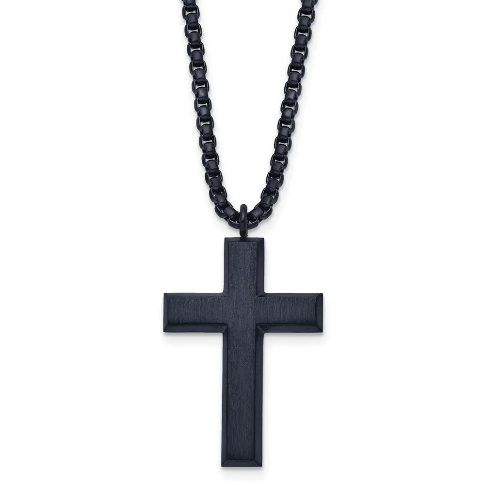 Men's Dark Gray Plated Stainless Steel Brushed Cross Necklace, 24 Inch