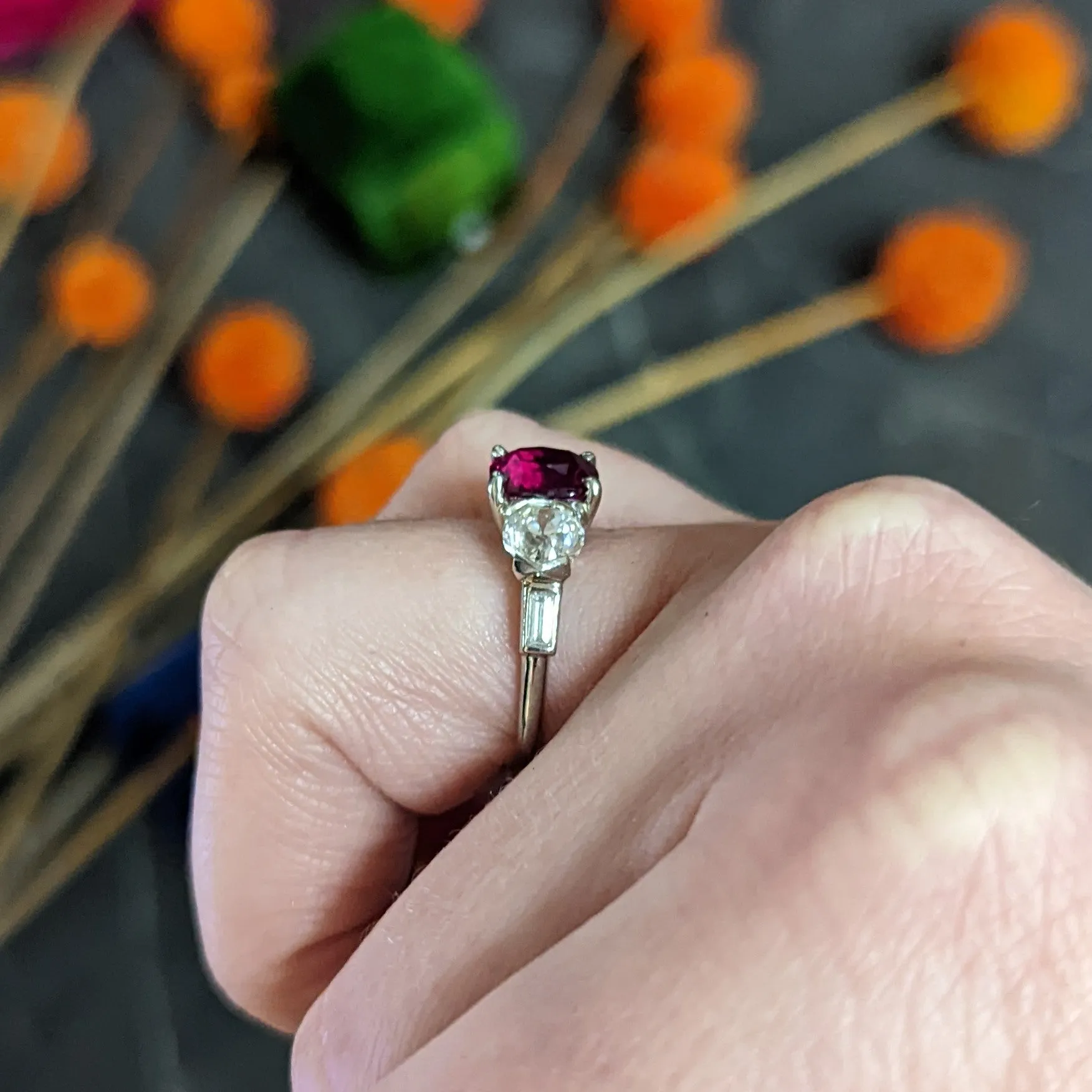 Mid-Century 4.06 CTW No Heat Burmese Ruby Diamond Platinum Three Stone Vintage Ring AGL