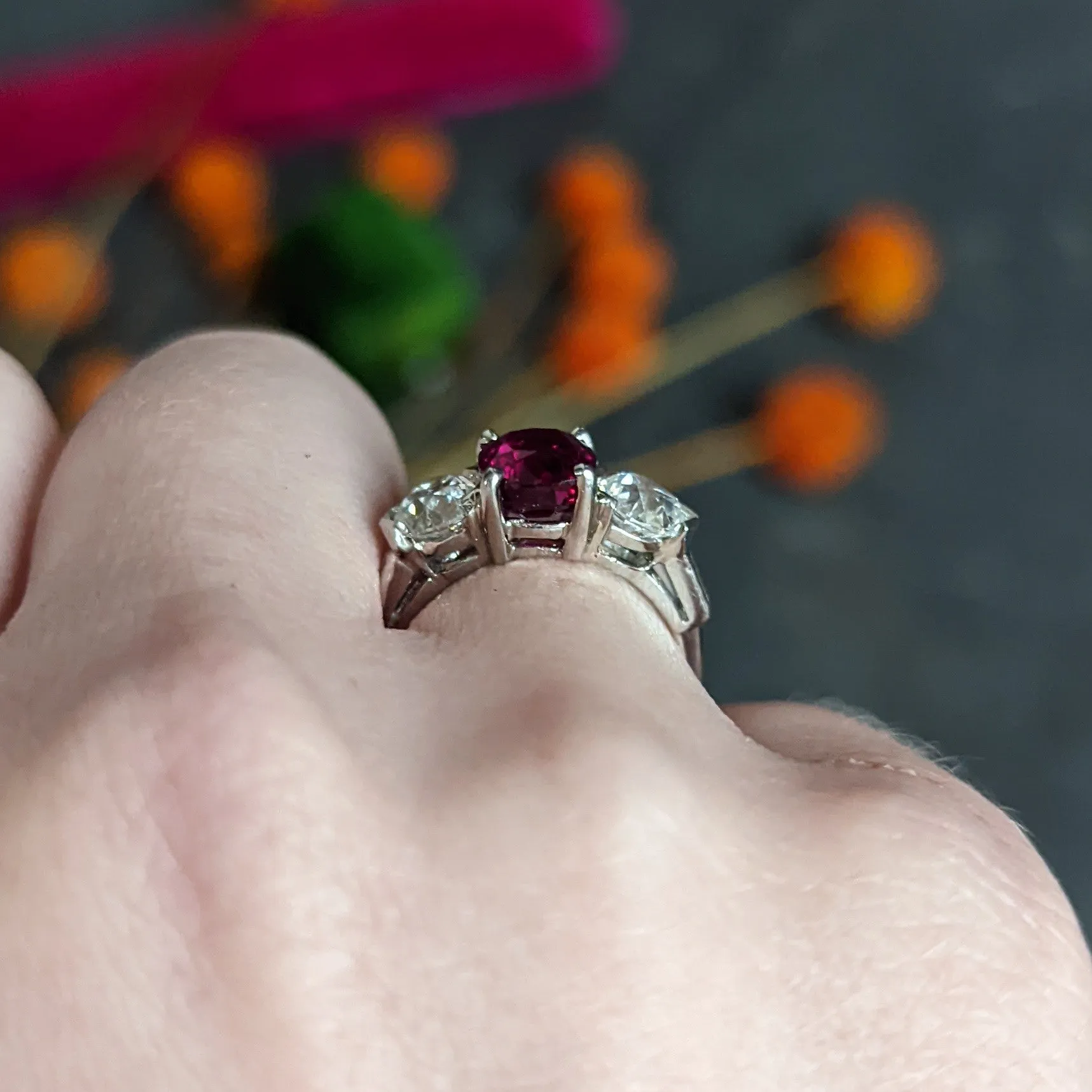 Mid-Century 4.06 CTW No Heat Burmese Ruby Diamond Platinum Three Stone Vintage Ring AGL