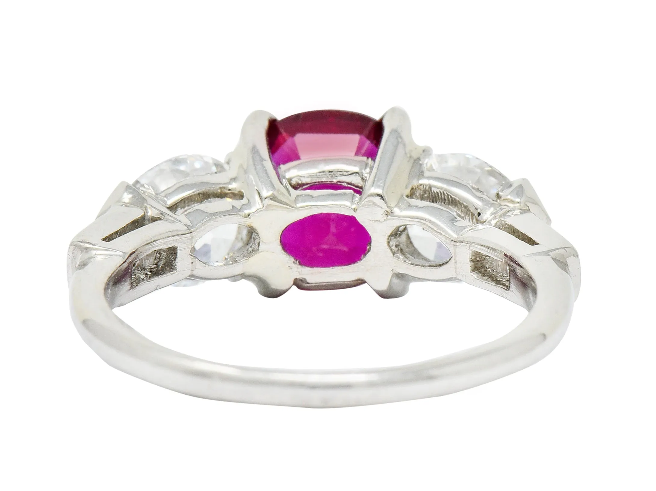 Mid-Century 4.06 CTW No Heat Burmese Ruby Diamond Platinum Three Stone Vintage Ring AGL