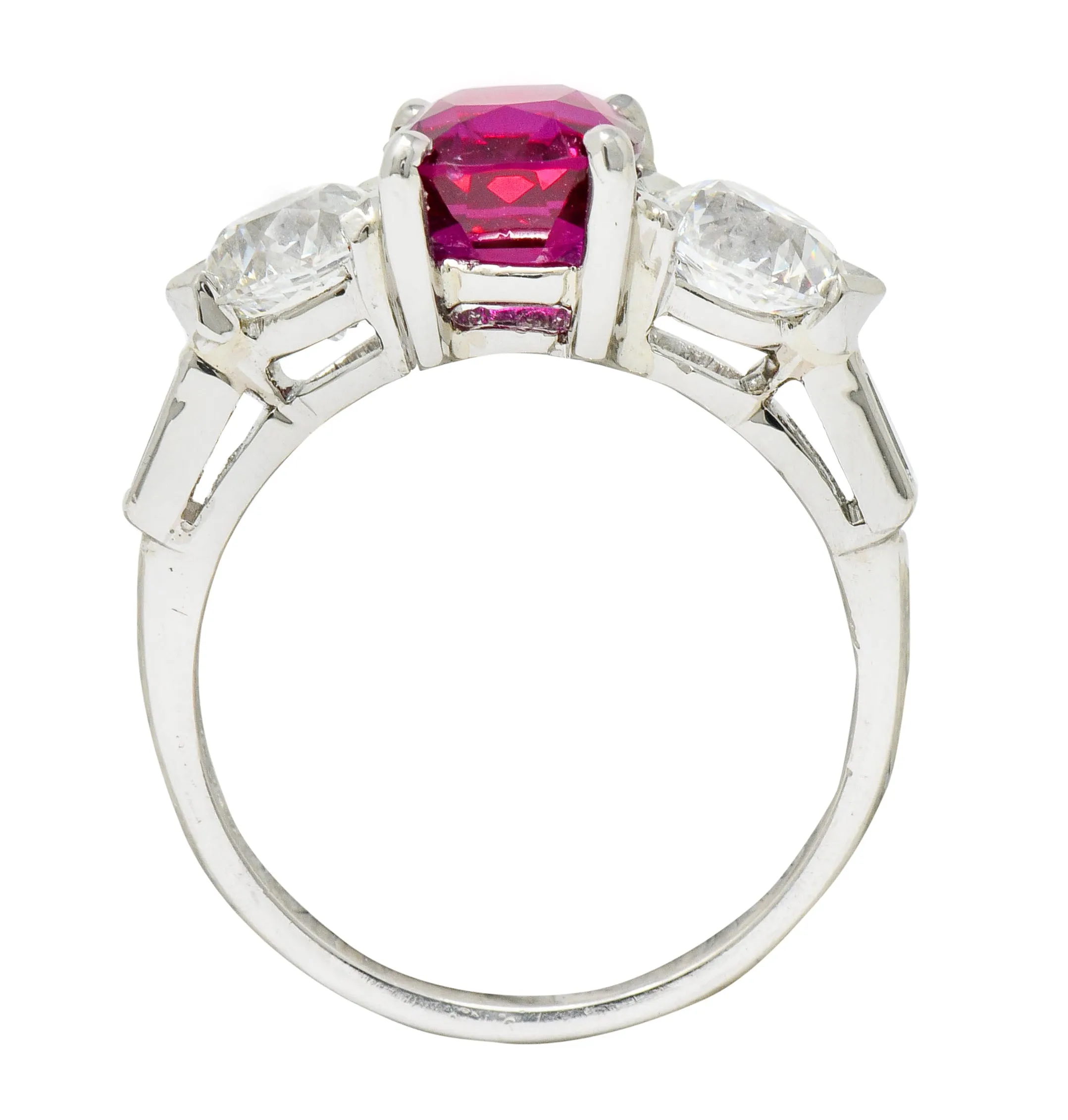 Mid-Century 4.06 CTW No Heat Burmese Ruby Diamond Platinum Three Stone Vintage Ring AGL