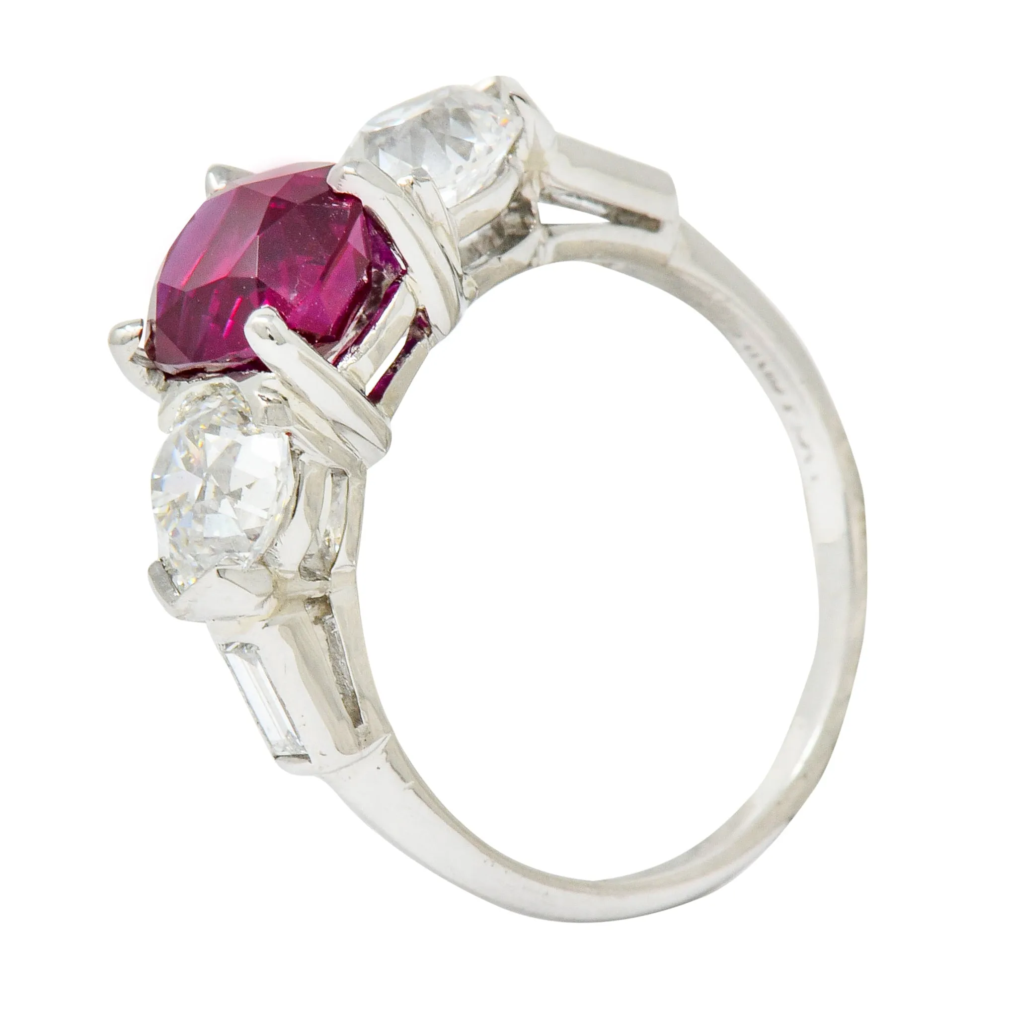 Mid-Century 4.06 CTW No Heat Burmese Ruby Diamond Platinum Three Stone Vintage Ring AGL