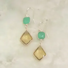 Mint Green Chalcedony and Lemon Quartz Double Drop Earrings