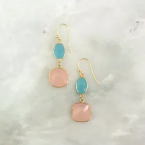 Mint Green Chalcedony and Rose Quartz Double Drop Earrings