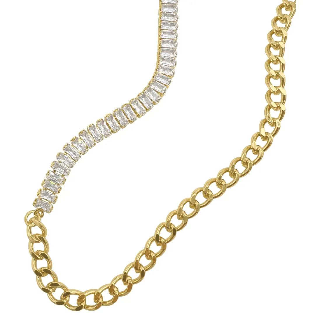 Mix Curb Chain and Baguette Tennis Necklace gold