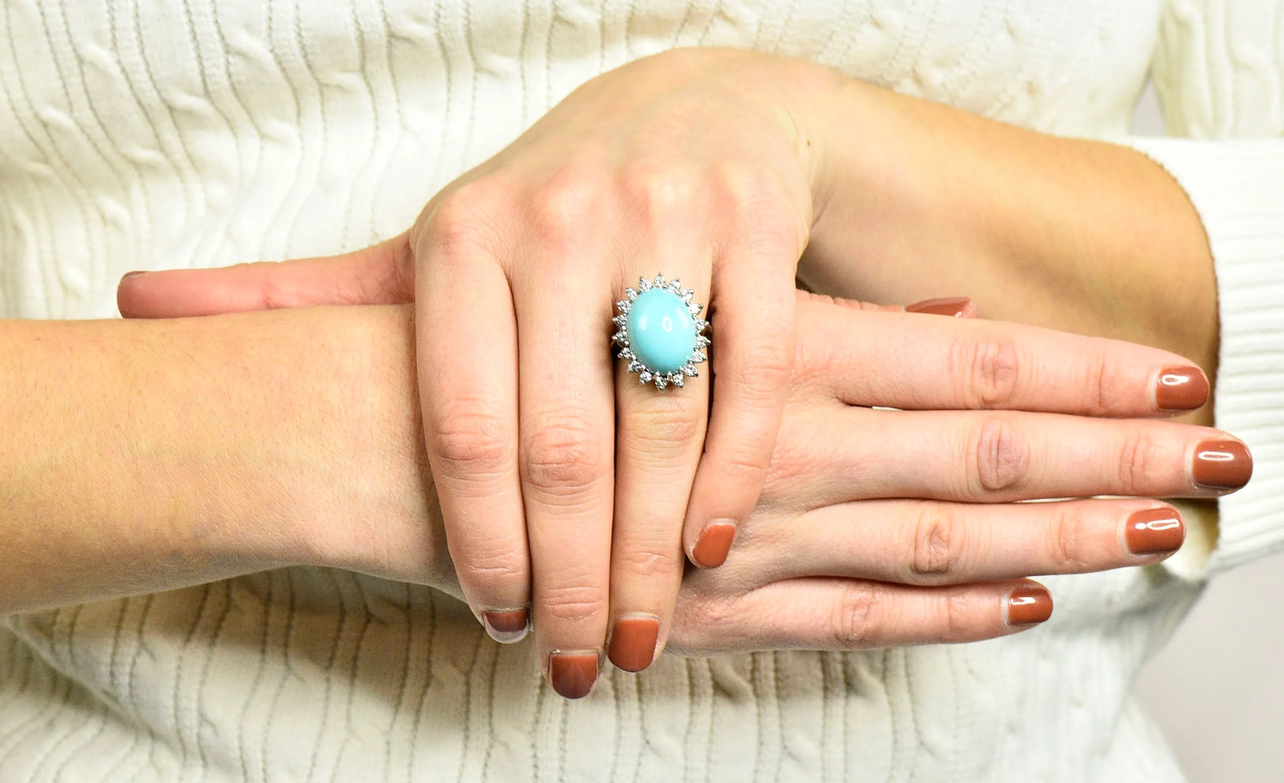 Modern Turquoise Diamond 14 Karat White Gold Cluster Ring