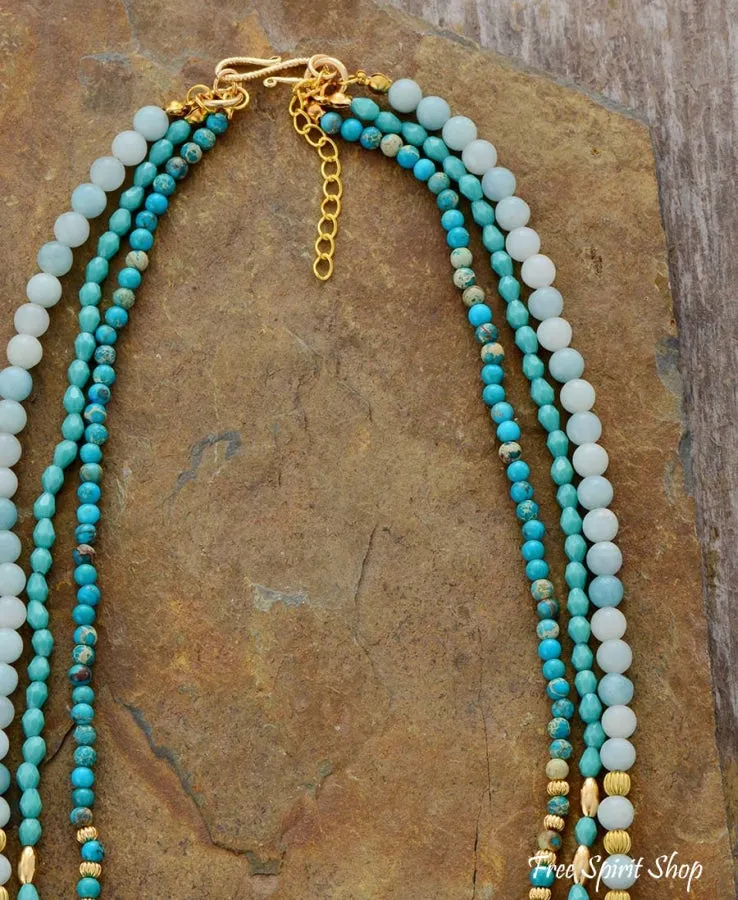 Natural Amazonite & Turquoise Jasper Multi Layer Bead Necklace