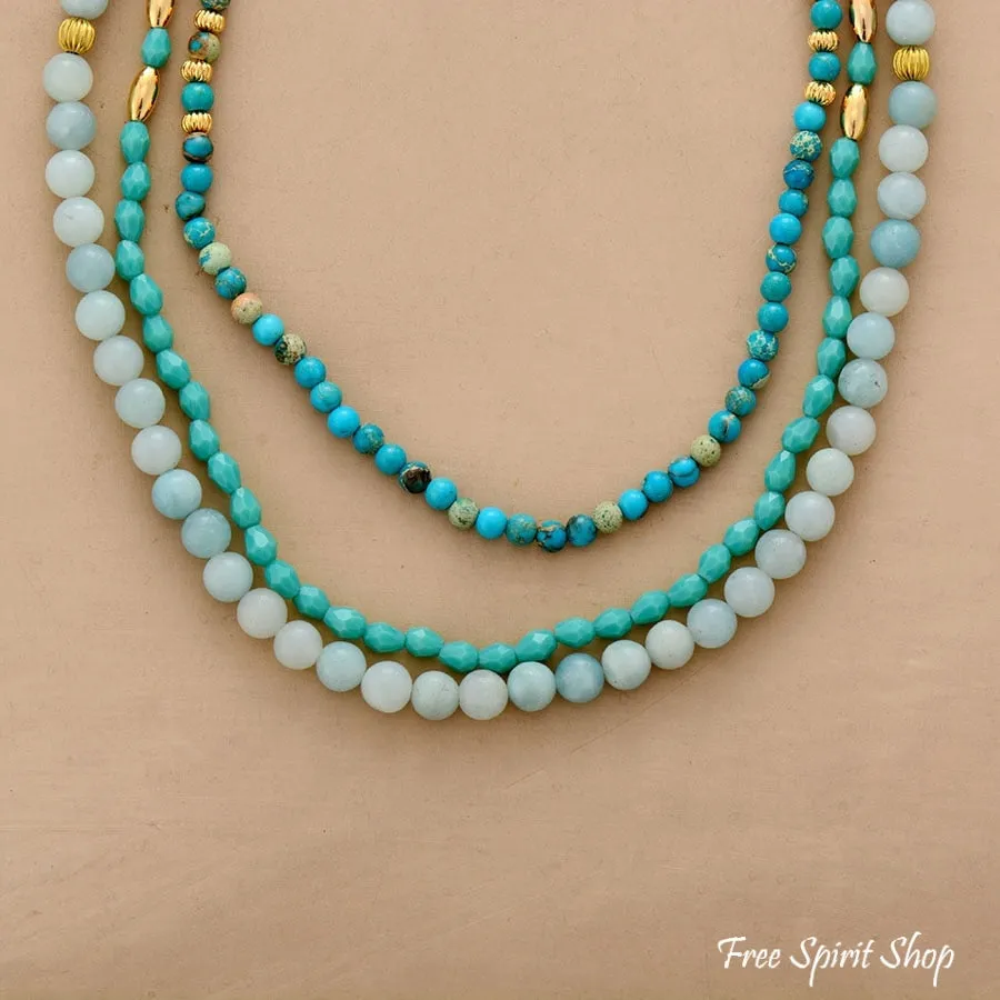 Natural Amazonite & Turquoise Jasper Multi Layer Bead Necklace