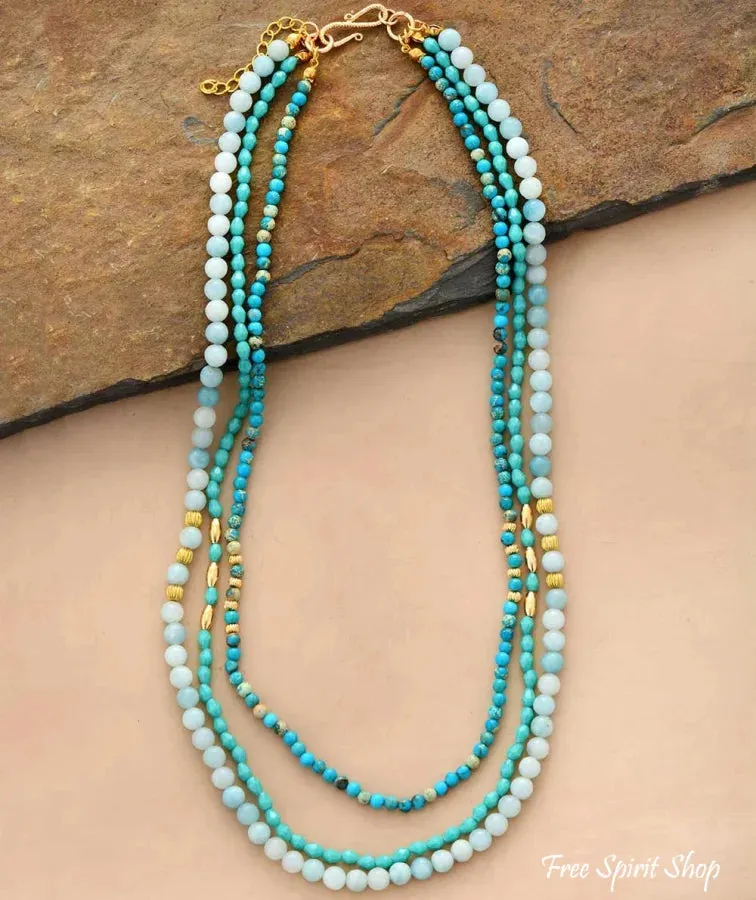 Natural Amazonite & Turquoise Jasper Multi Layer Bead Necklace