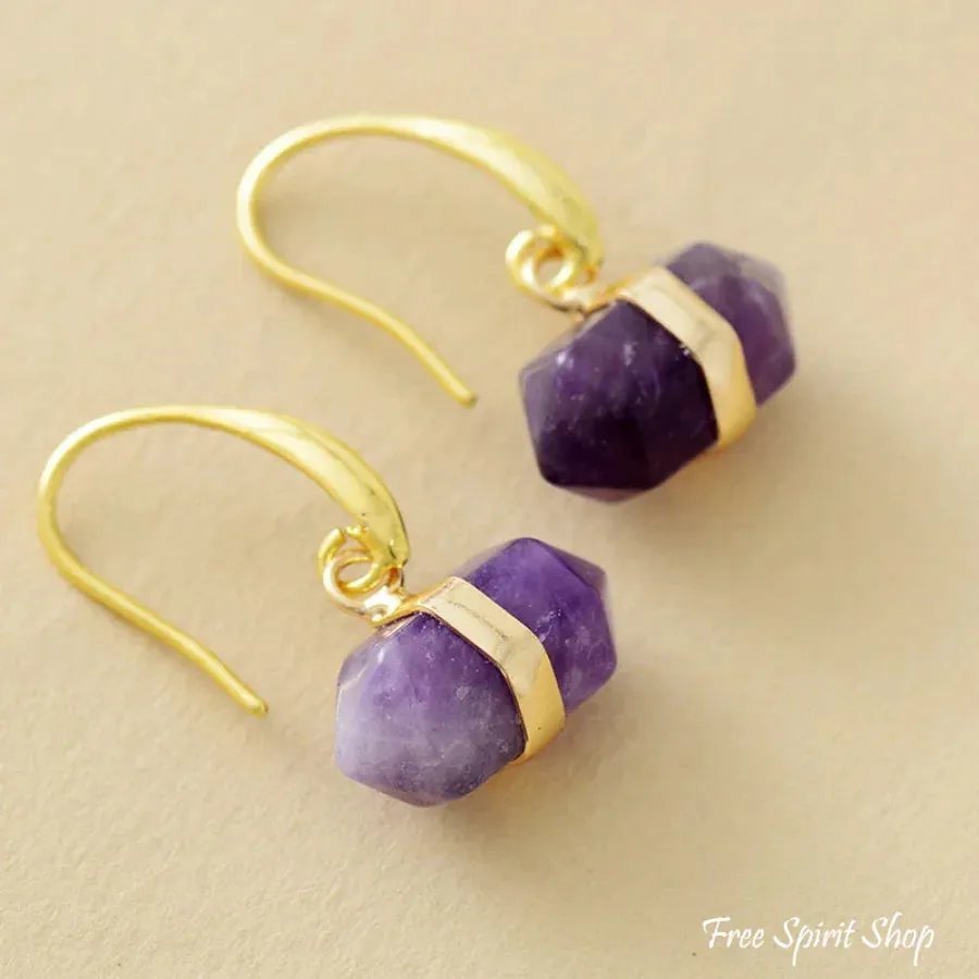 Natural Amethyst Hexagonal Earrings