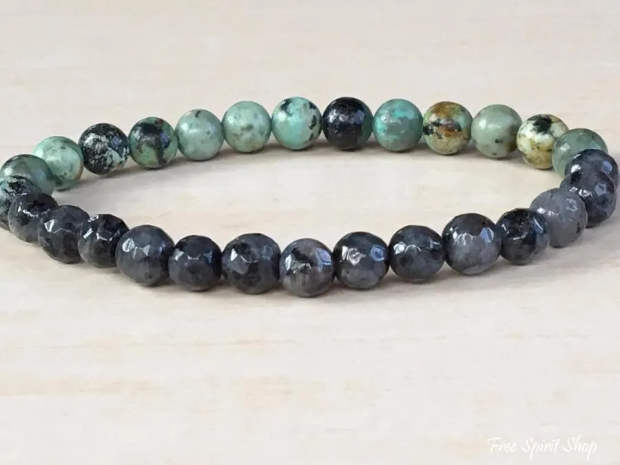 Natural Labradorite & African Turquoise Gemstone Bead Mala Bracelet