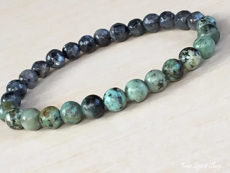 Natural Labradorite & African Turquoise Gemstone Bead Mala Bracelet