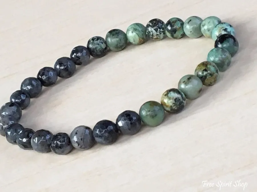 Natural Labradorite & African Turquoise Gemstone Bead Mala Bracelet