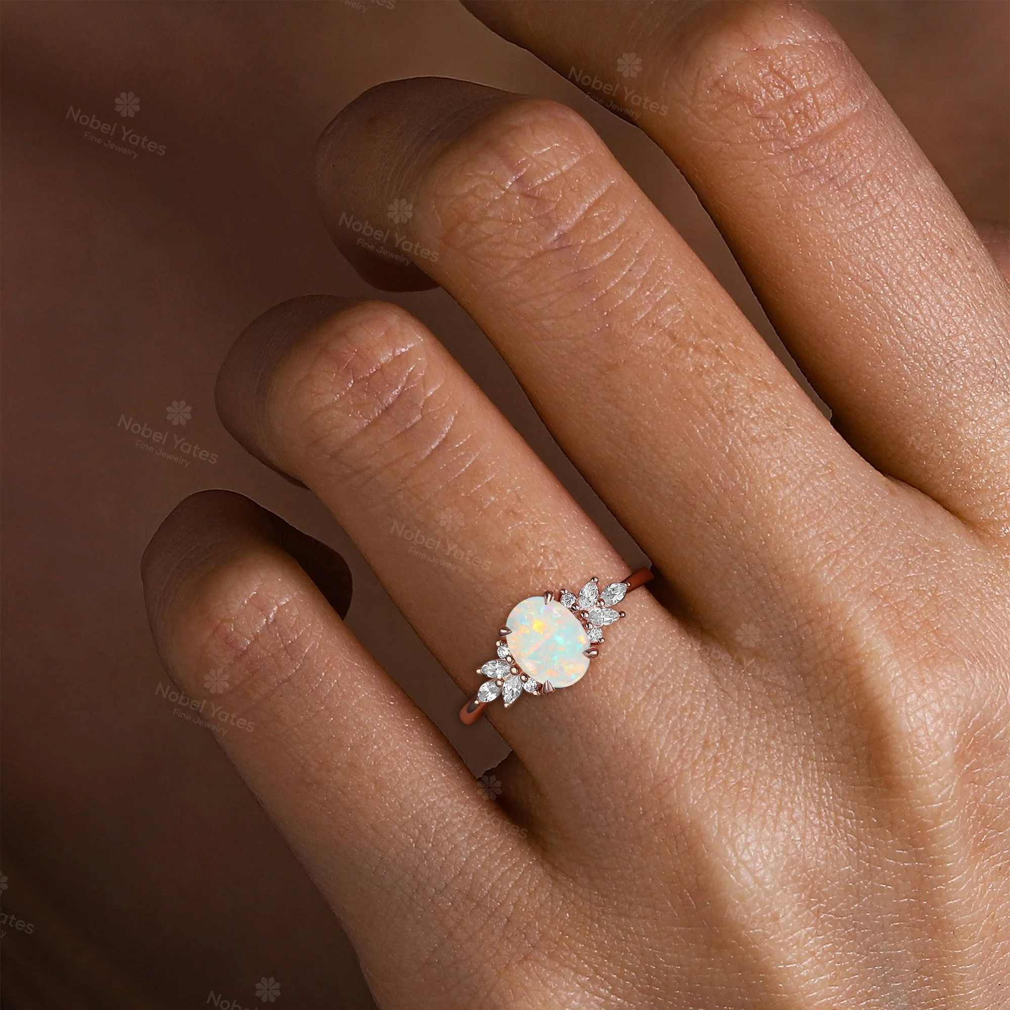 Natural White Opal Marquise Moissanite Cluster Engagement Ring Oval Cut