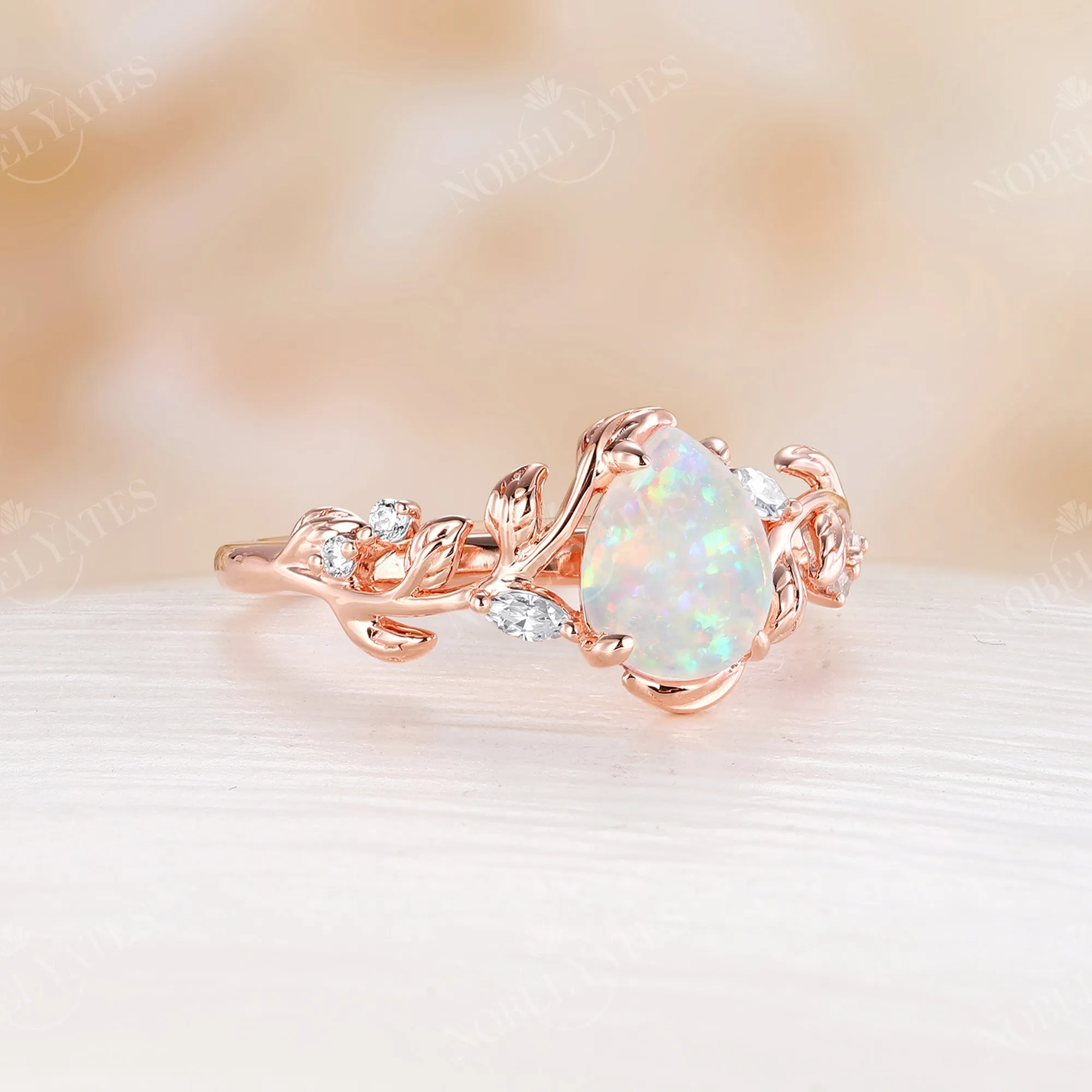 Natural White Opal Pear Cut Engagement Ring Leaf And Moissanite Band