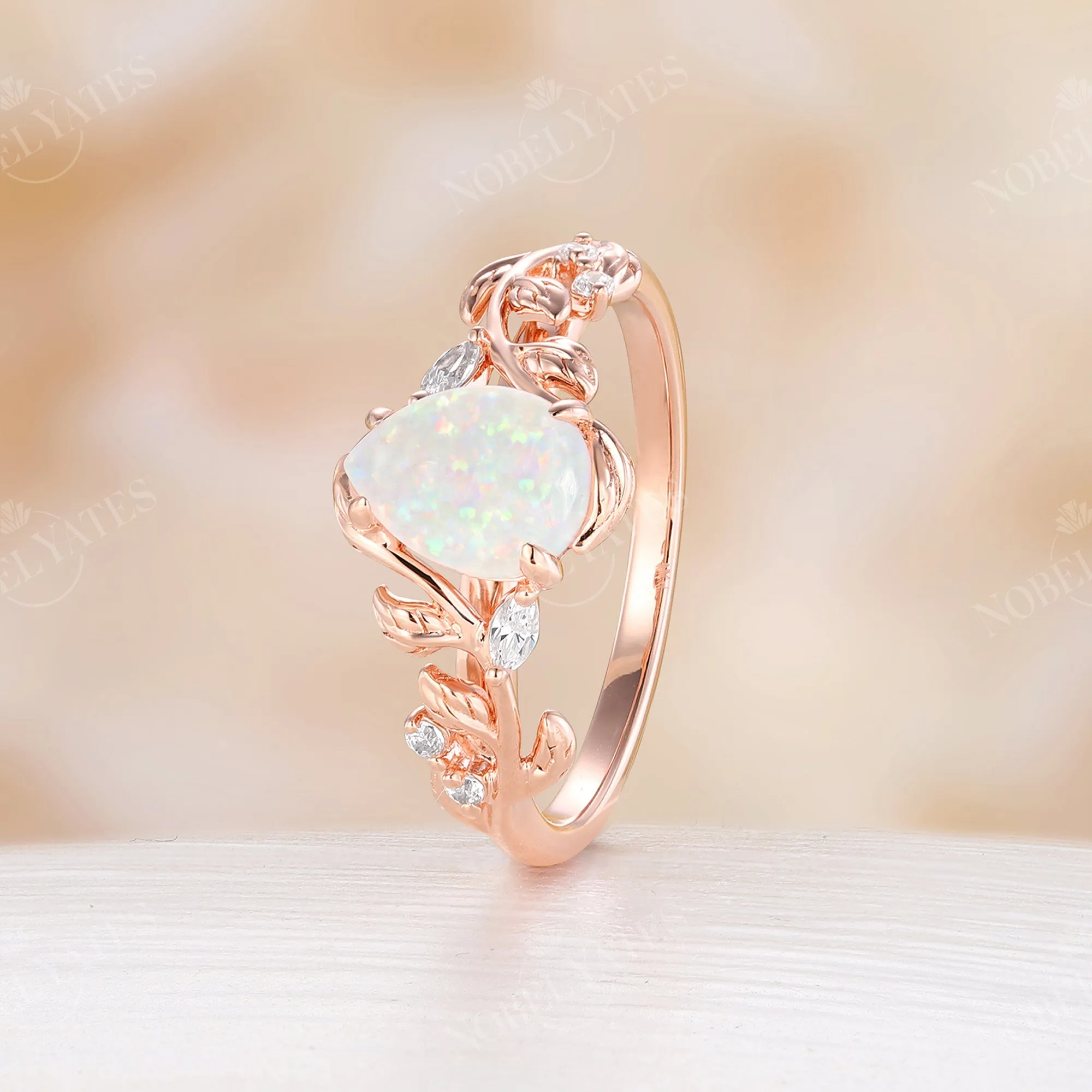 Natural White Opal Pear Cut Engagement Ring Leaf And Moissanite Band