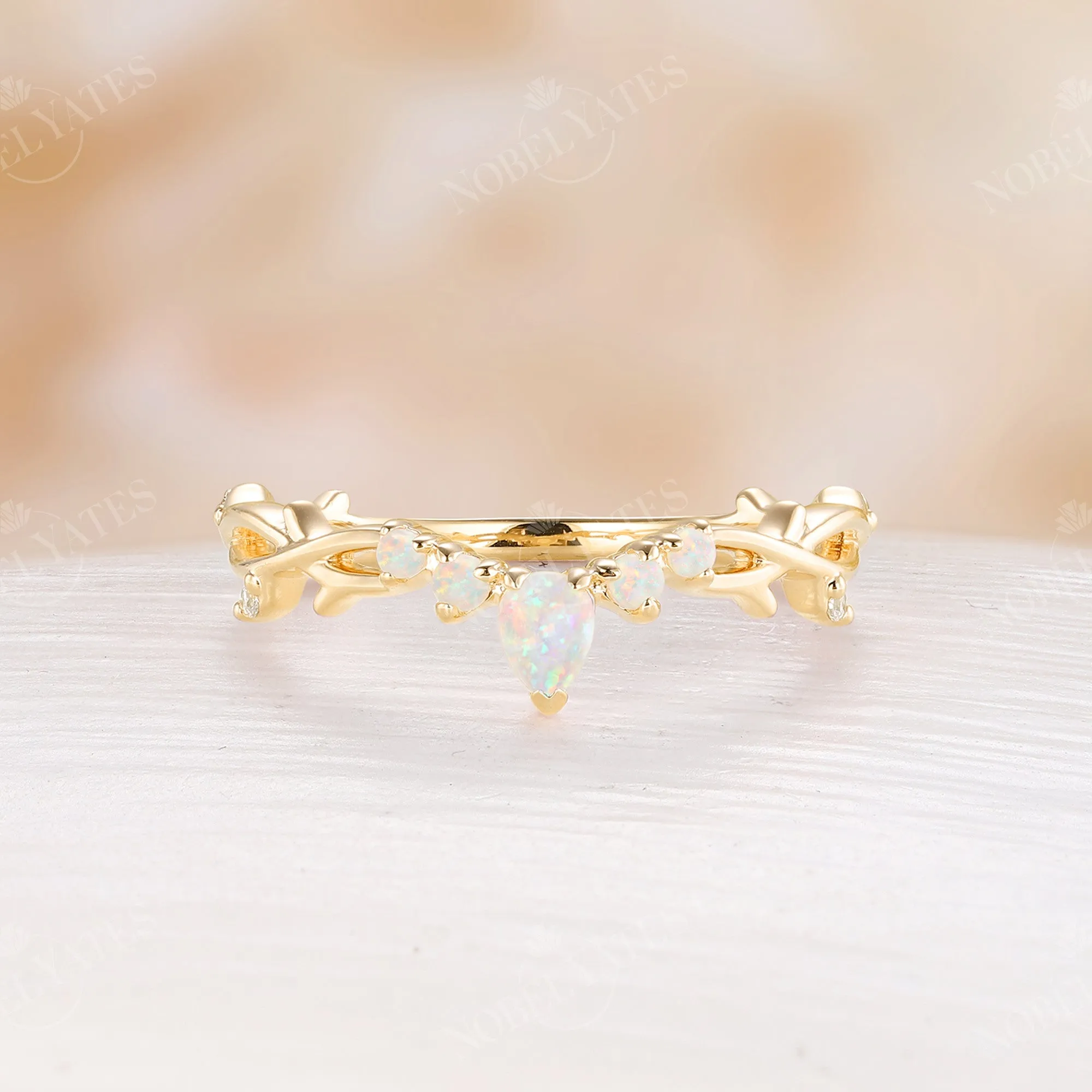 Nature Branch & Twig Design White Opal Curved Wedding Band Rose Gold