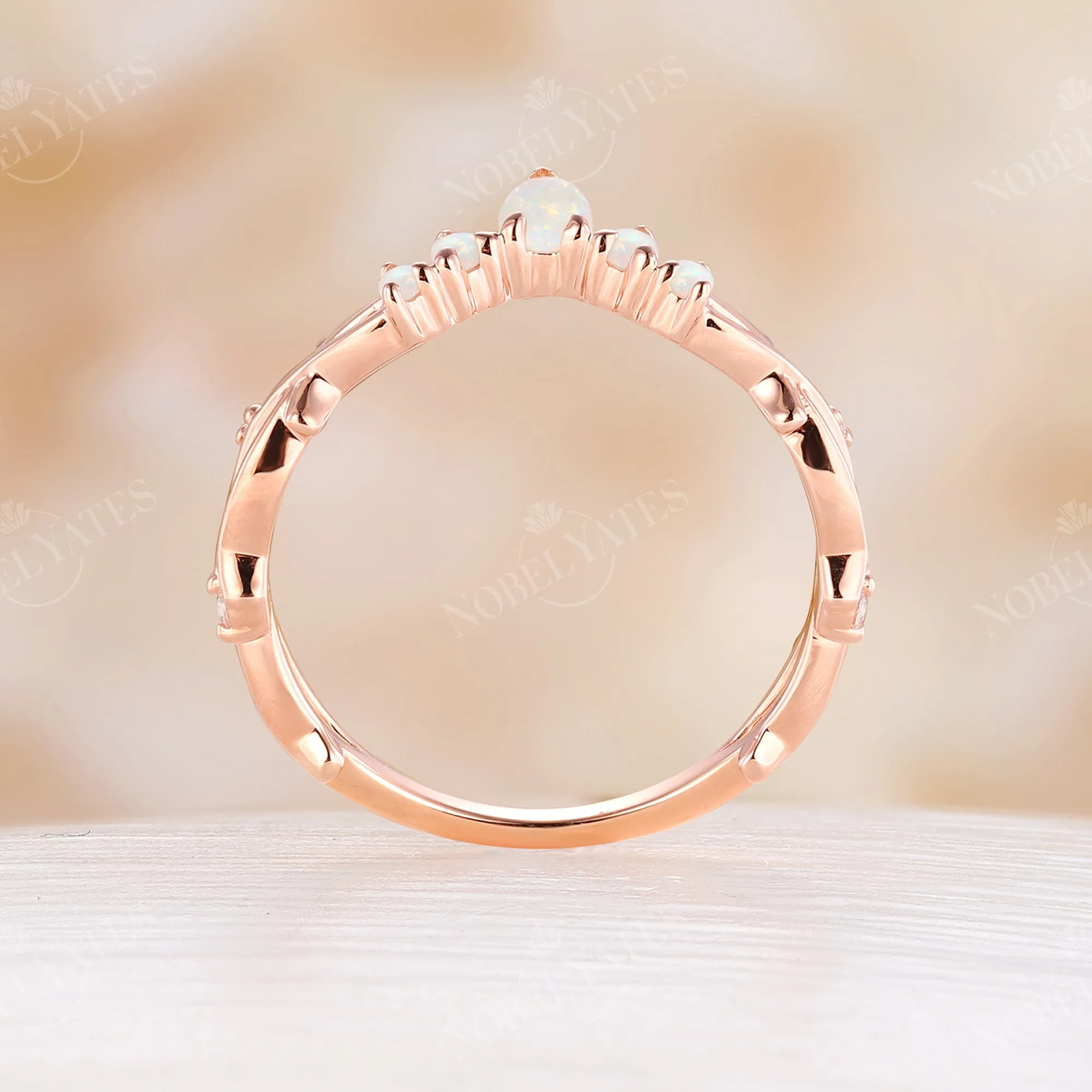 Nature Branch & Twig Design White Opal Curved Wedding Band Rose Gold