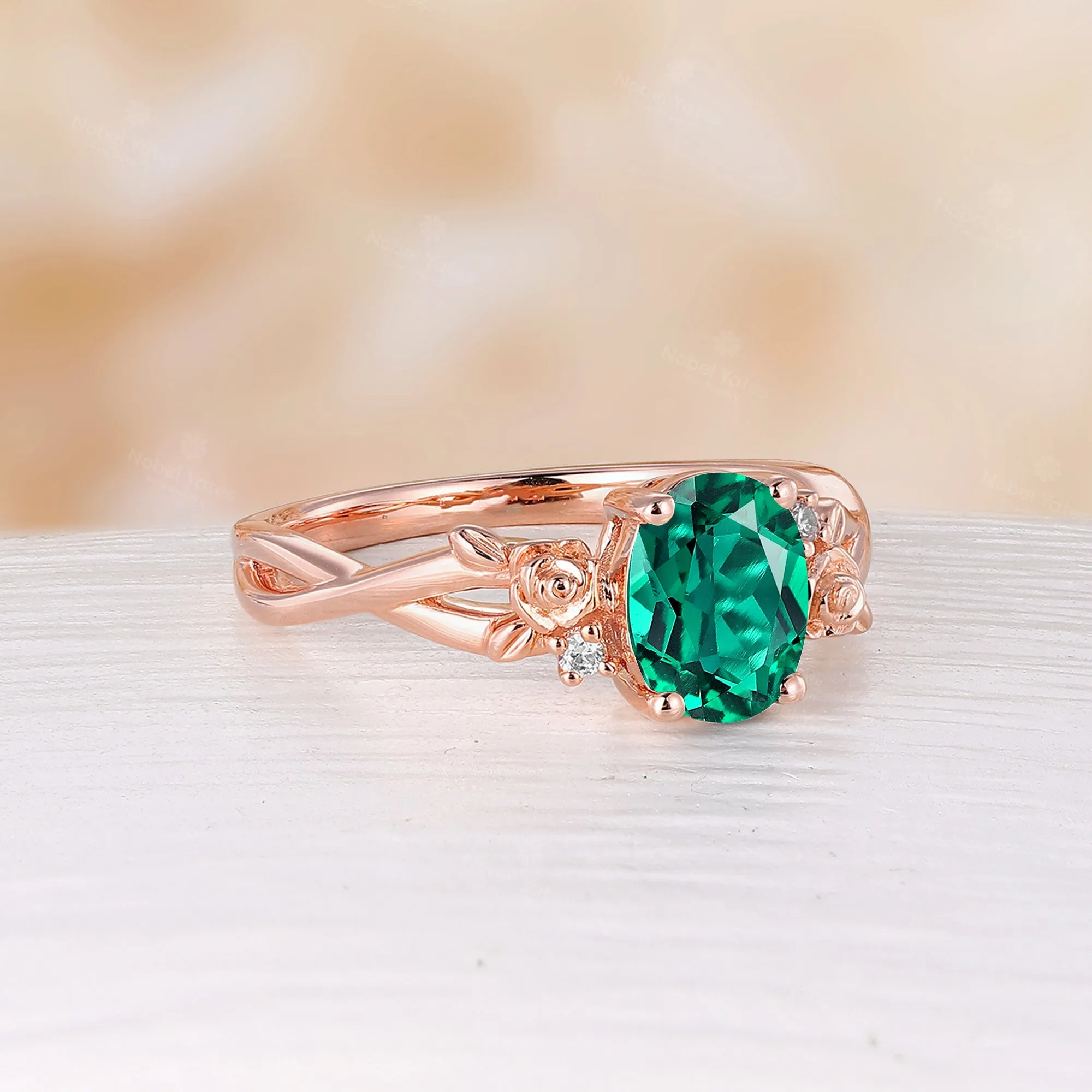 Nature Inspired Rose Foral Yellow Gold Oval Cut Lab Emerald Engagement Ring