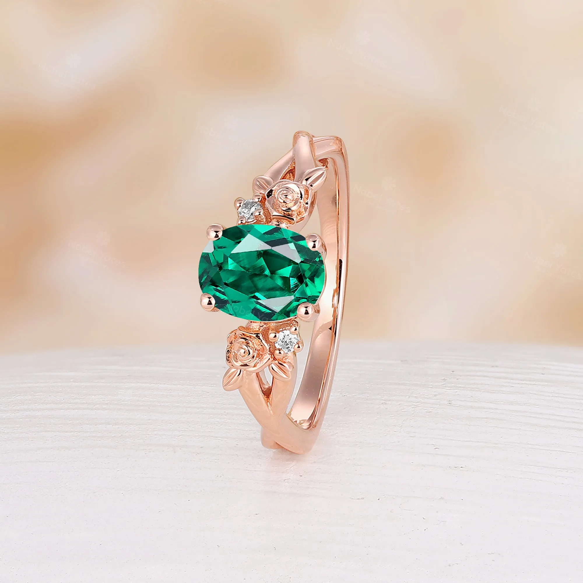 Nature Inspired Rose Foral Yellow Gold Oval Cut Lab Emerald Engagement Ring