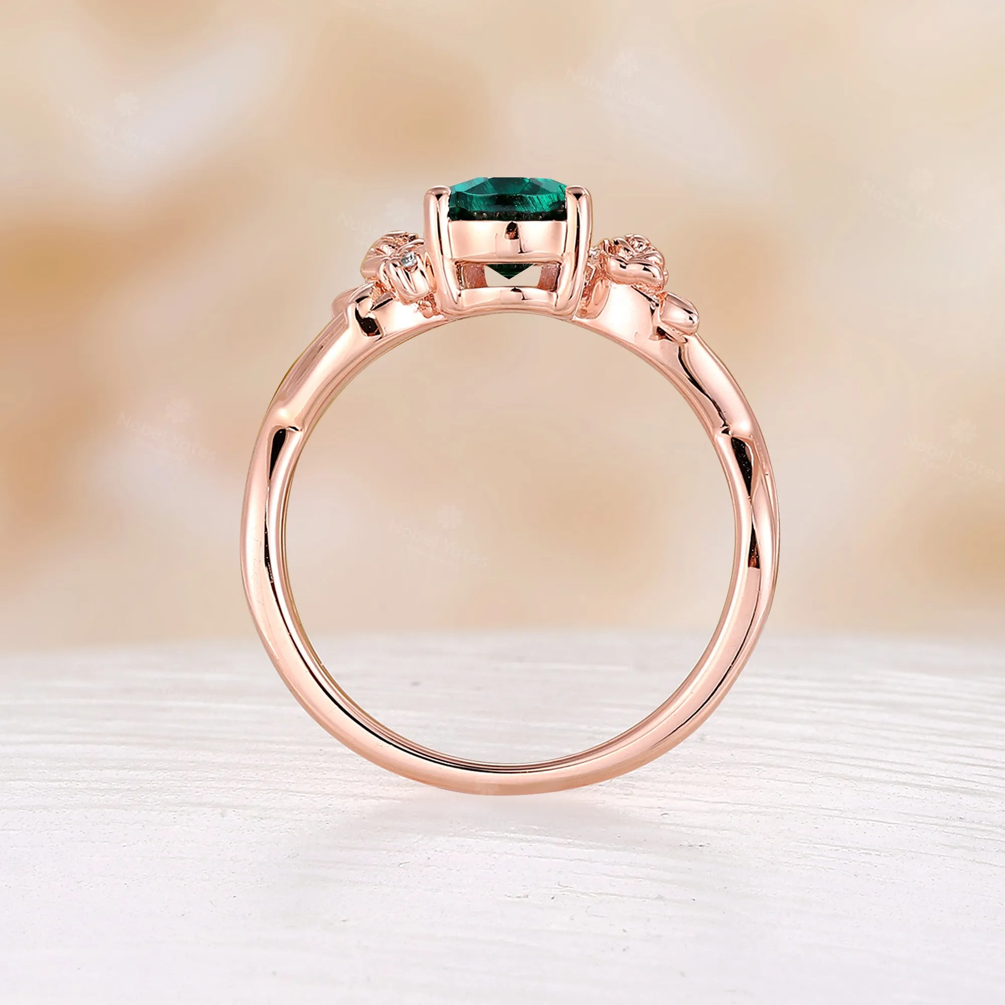 Nature Inspired Rose Foral Yellow Gold Oval Cut Lab Emerald Engagement Ring