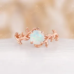 Nature inspired Round White Opal Leaf Engagement Ring Rose Gold