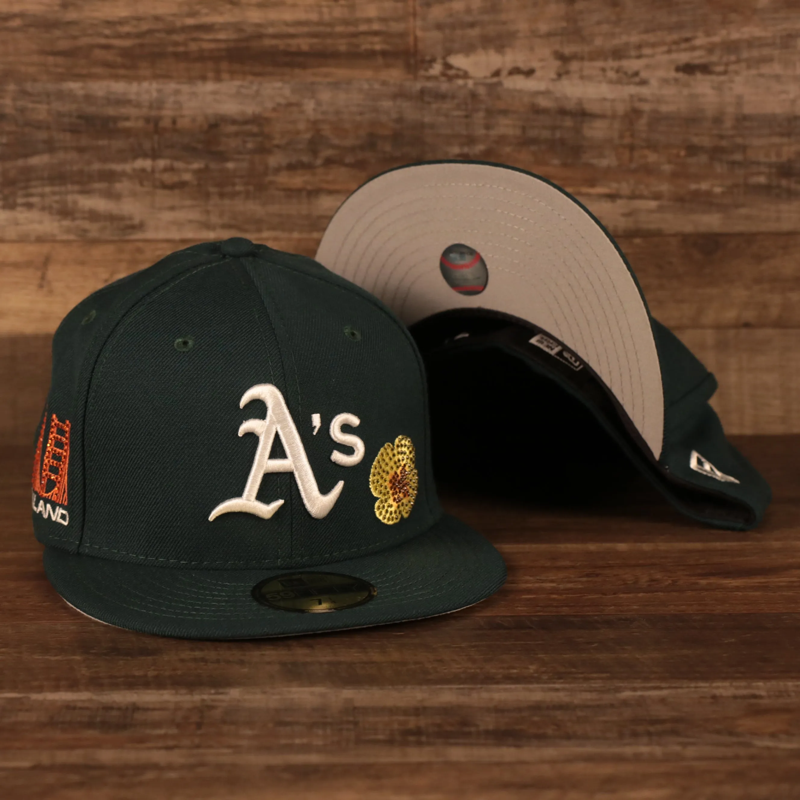 Oakland Athletics Iced Out Side Patch Flower Oakland Bridge Gray Bottom Crystal Icons 59Fifty Fitted Cap