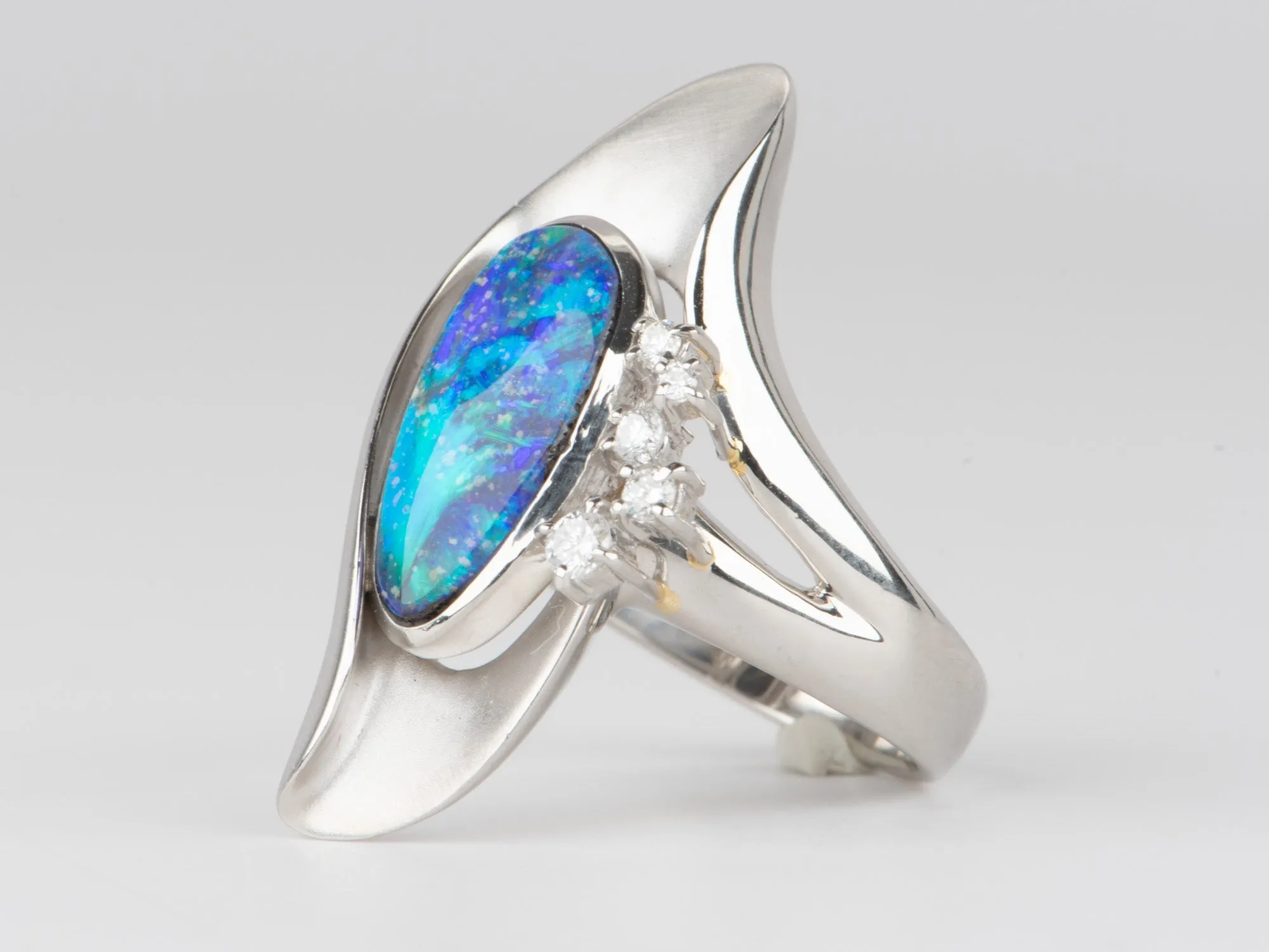 Ocean Blue Australian Boulder Opal Ring PT900 Platinum V1105