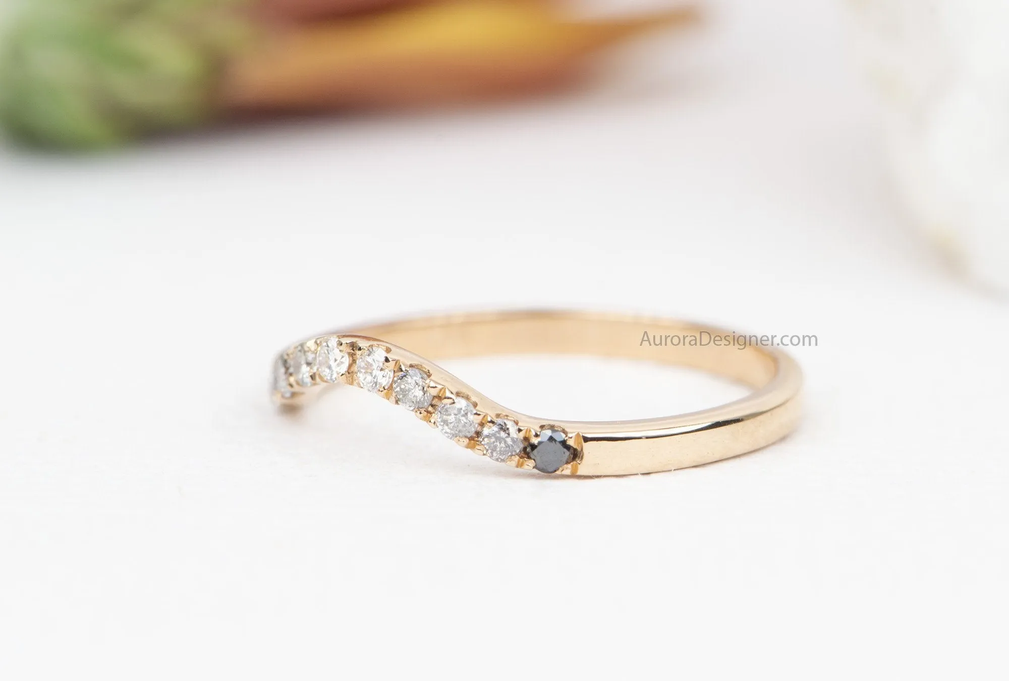 Ombre Diamond Curved Wedding Band 14K Gold Black Gray White Unique Ring Guard Enhancer AD1802