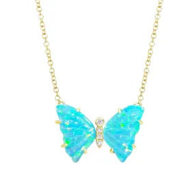 Opal and Turquoise Butterfly Necklace with Diamonds and Prongs