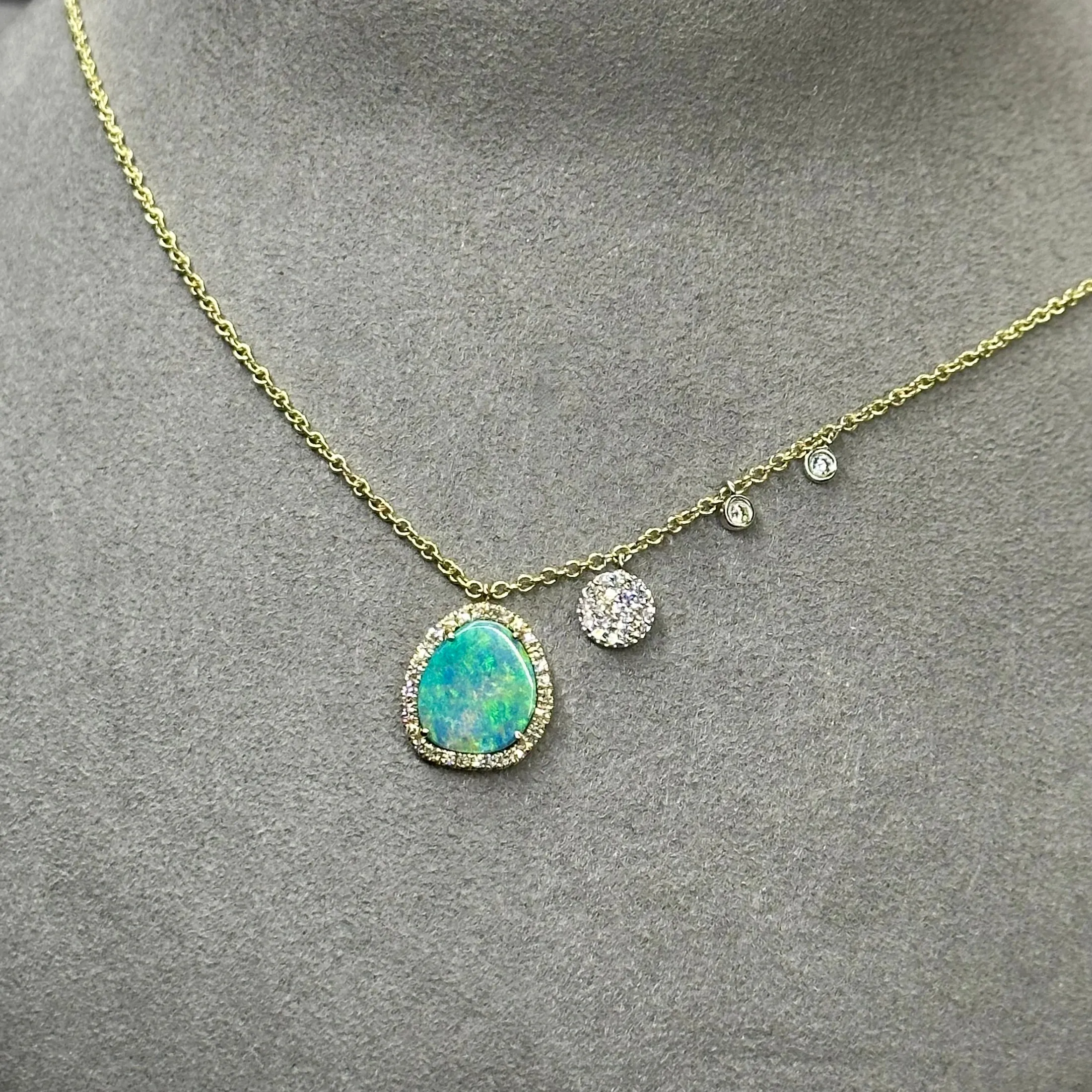 Opal Halo Diamond Cluster With Diamond Bezels Necklace