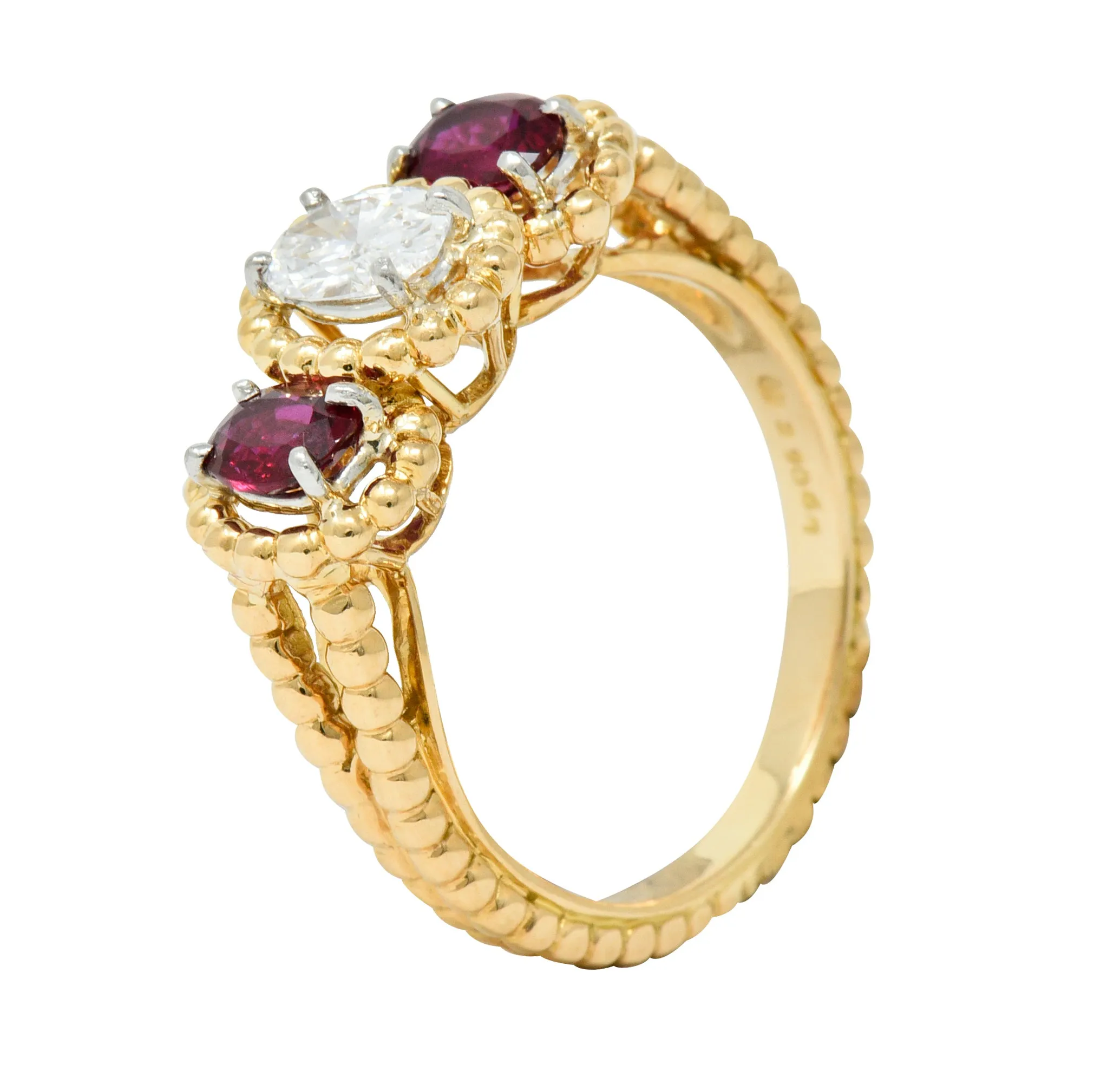 Oscar Heyman 1.07 CTW Diamond Ruby 18 Karat Gold Platinum Three Stone Ring