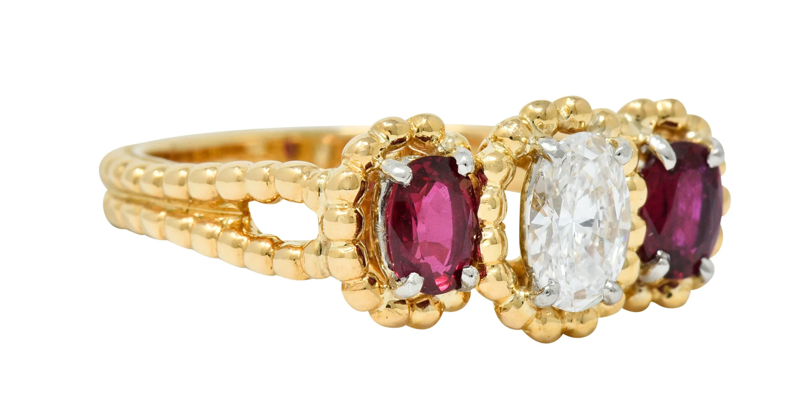 Oscar Heyman 1.07 CTW Diamond Ruby 18 Karat Gold Platinum Three Stone Ring