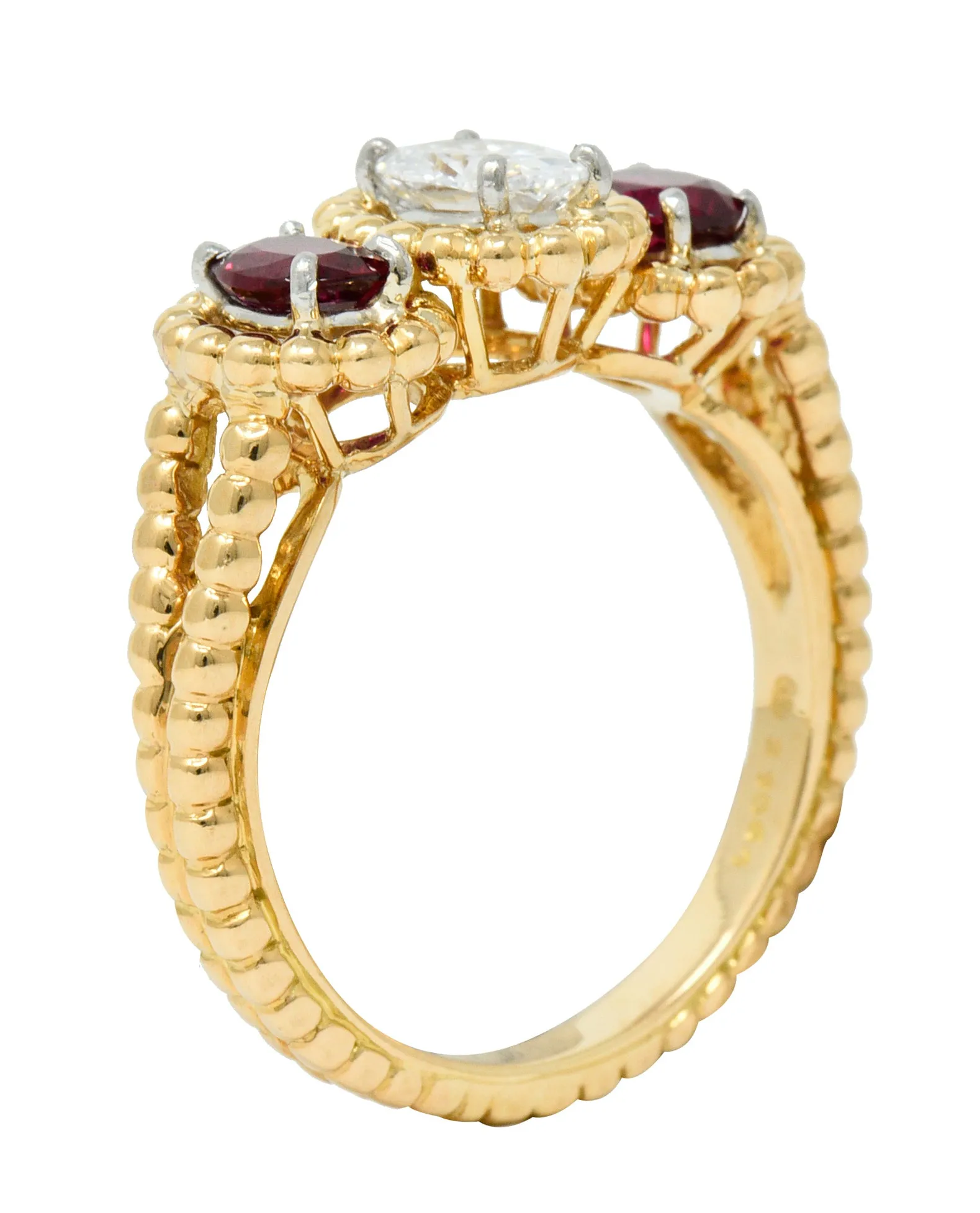 Oscar Heyman 1.07 CTW Diamond Ruby 18 Karat Gold Platinum Three Stone Ring