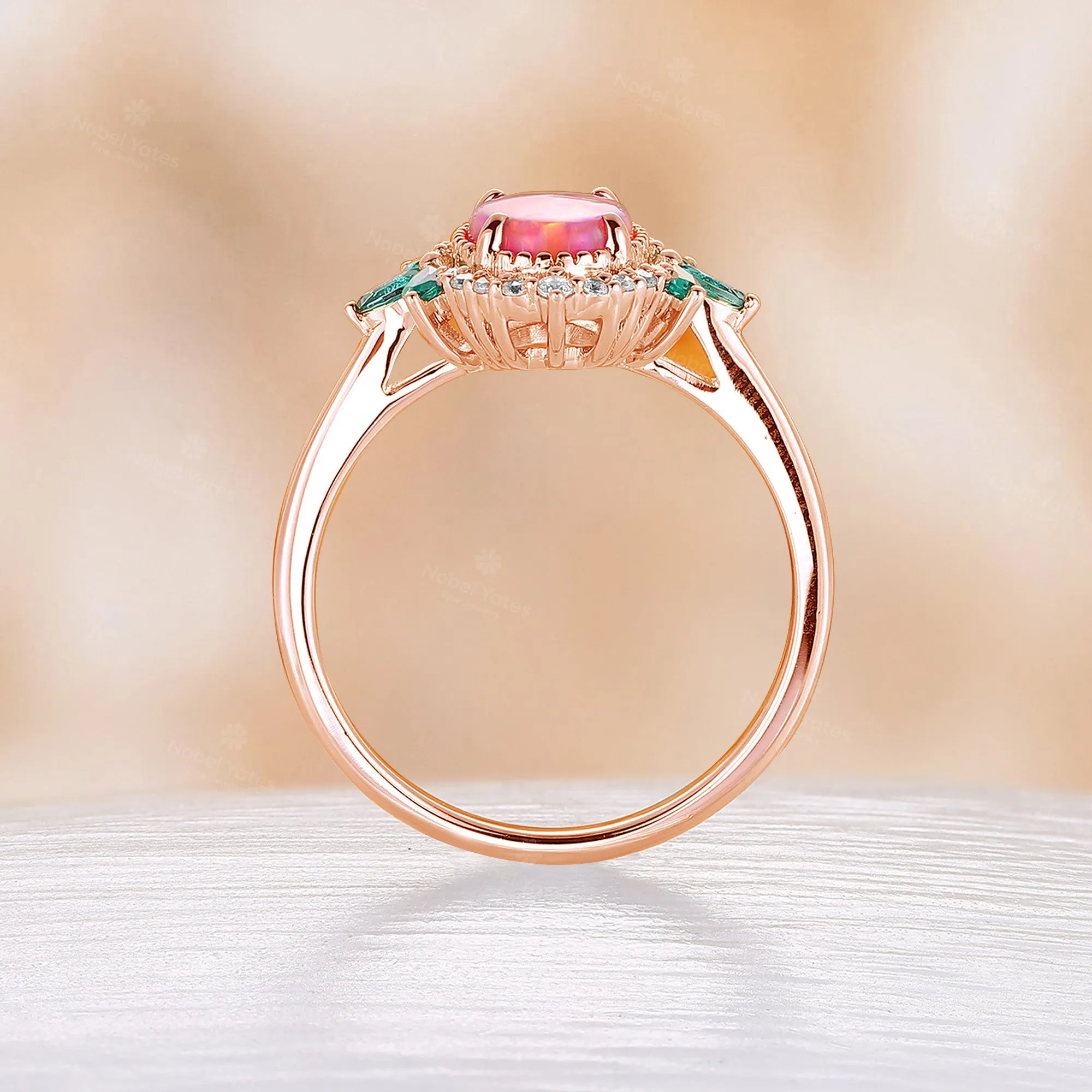 Oval Lab Opal Milgrain Rose Gold Engagement Ring Marquise Emerald