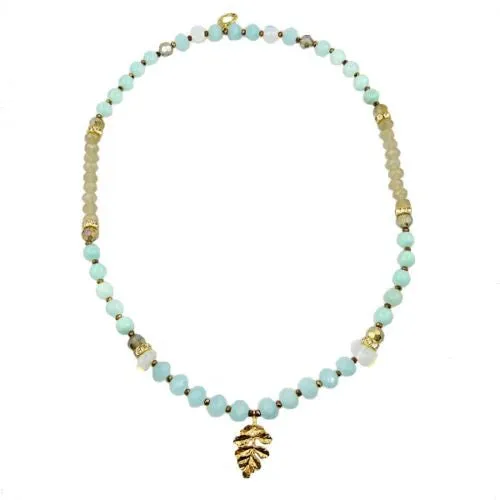 Pale Blue Gray Gold toned Bead Necklace by RUSH Denis Charles Leaf