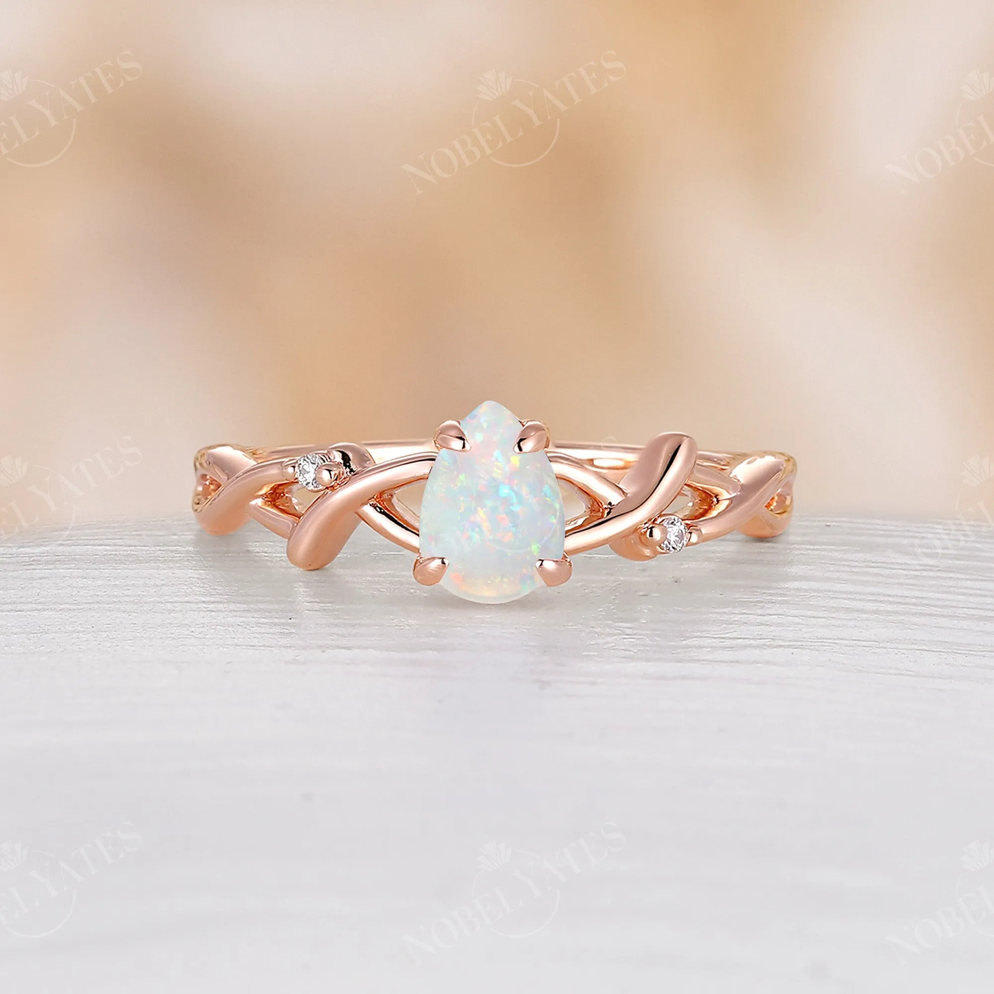 Pear shape White Opal Rose Gold Branch Engagement Ring