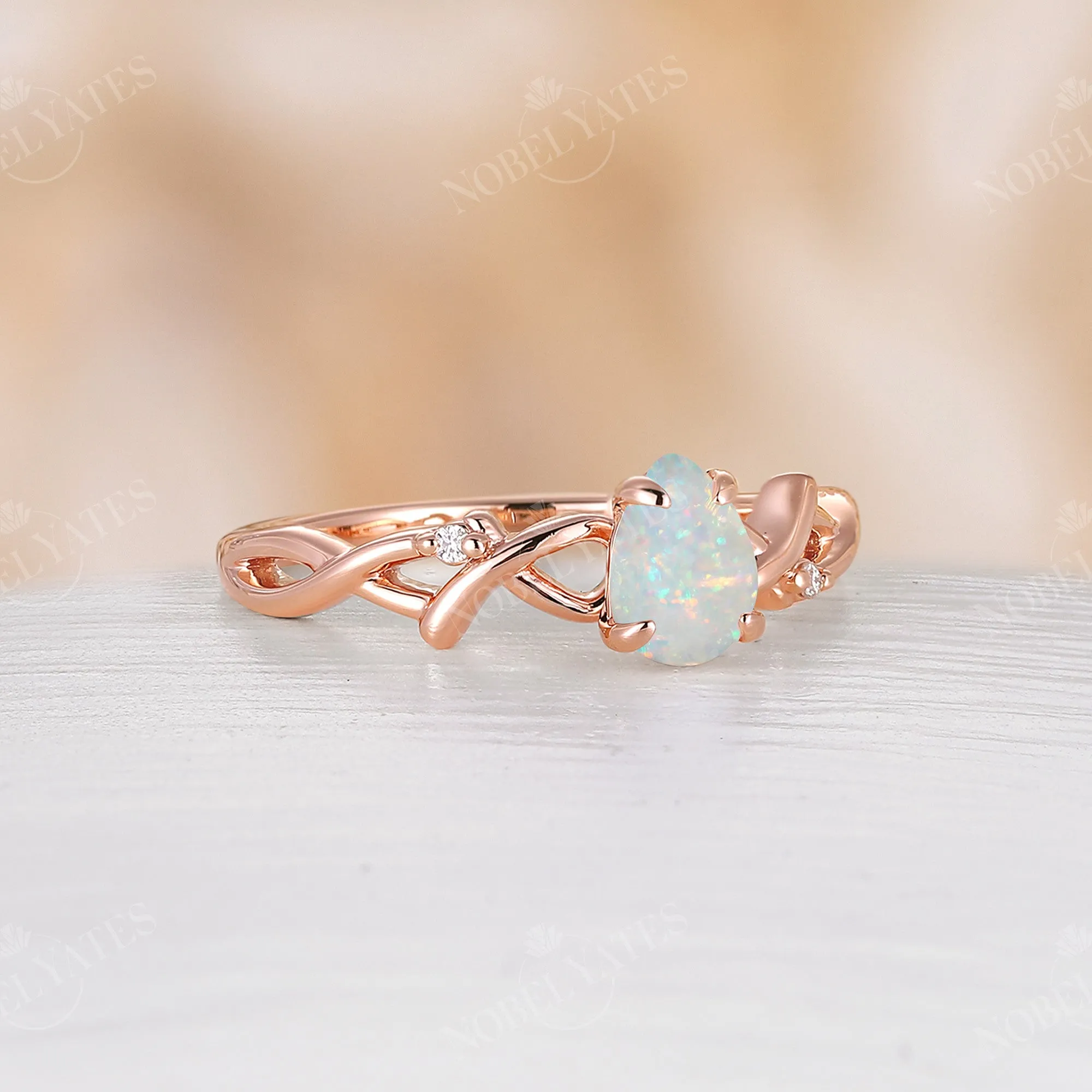 Pear shape White Opal Rose Gold Branch Engagement Ring