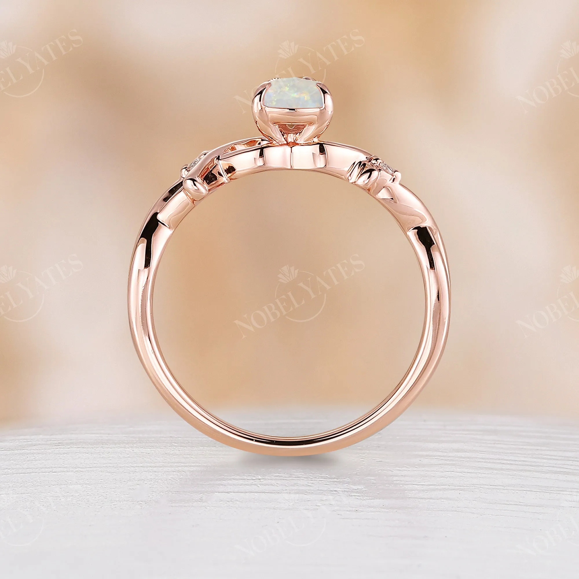 Pear shape White Opal Rose Gold Branch Engagement Ring